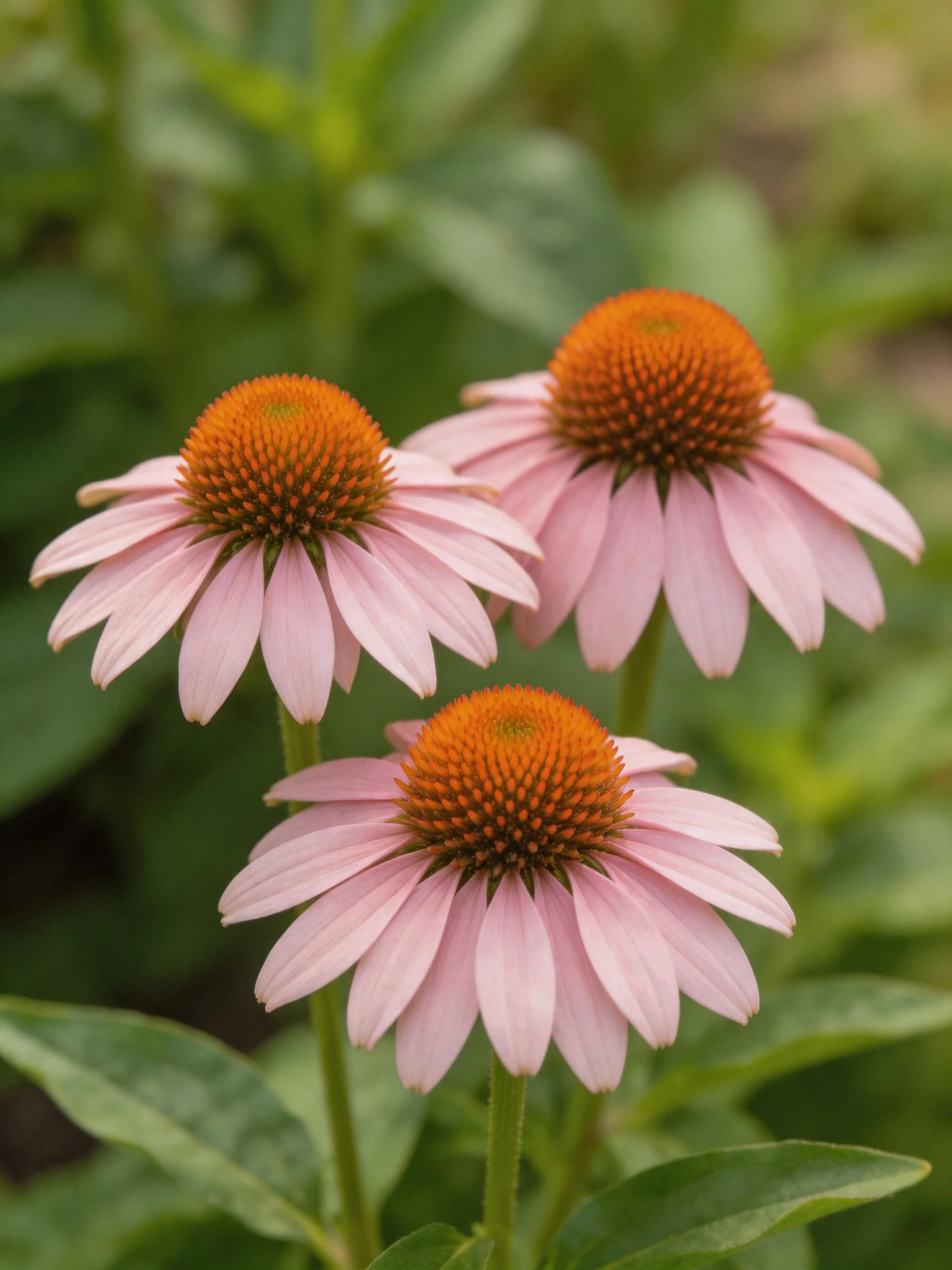Three pink coneflowers with orange centers in a garden setting