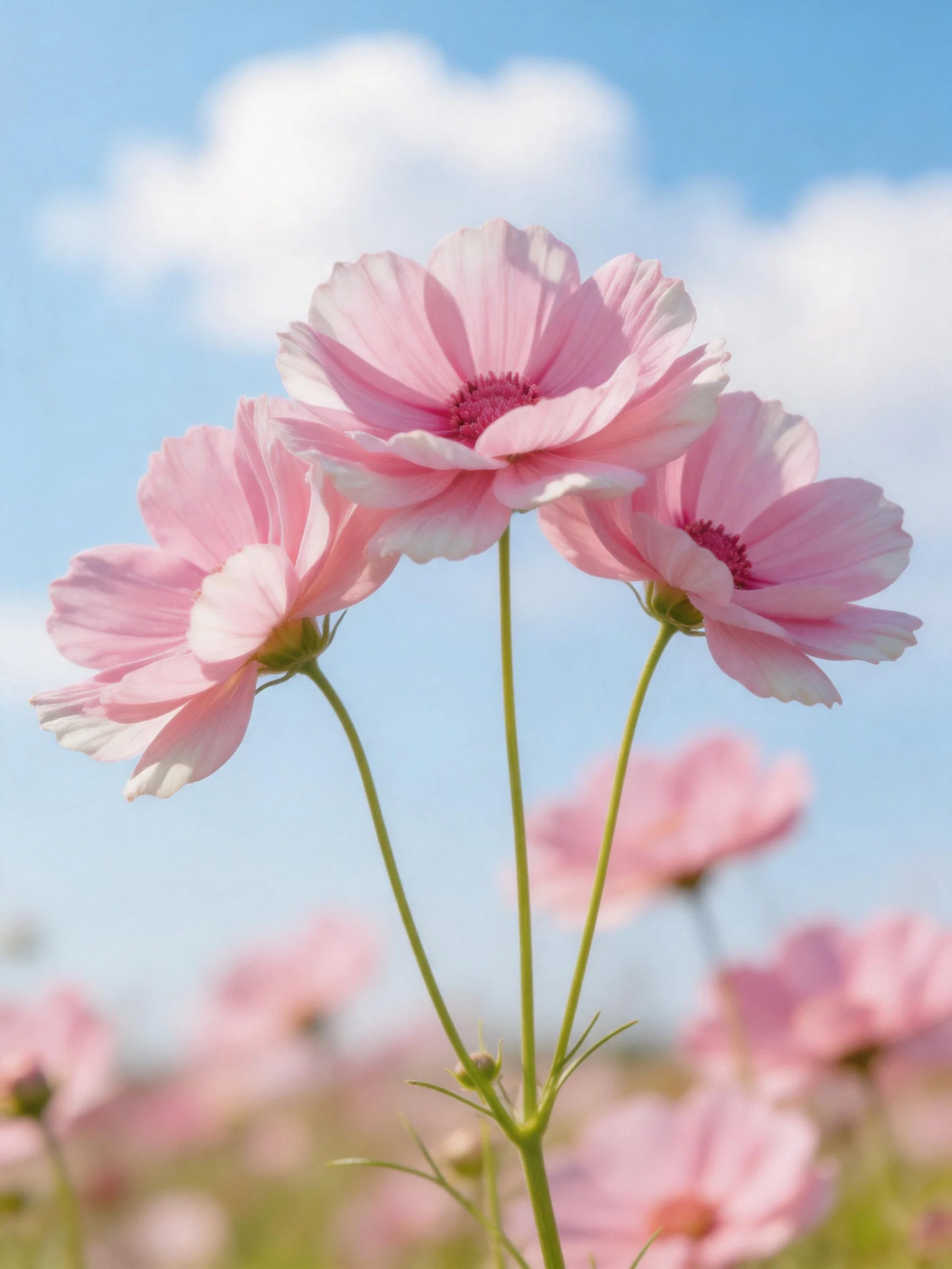 Three pink cosmos flowers against a bright blue sky