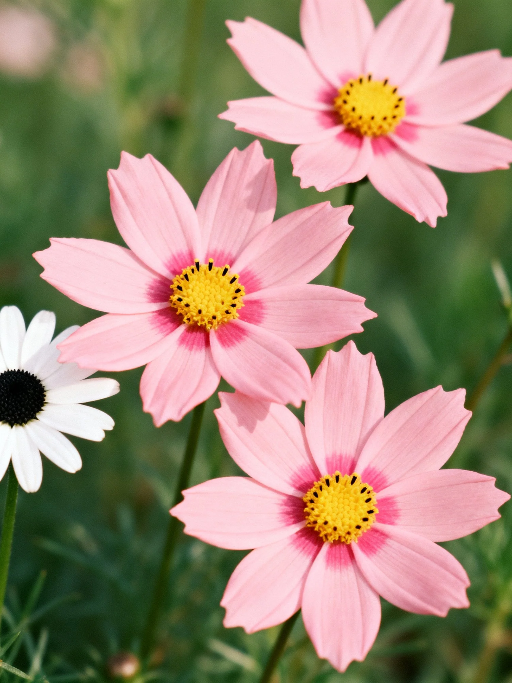 Three pink cosmos flowers and one white daisy in a green meadow