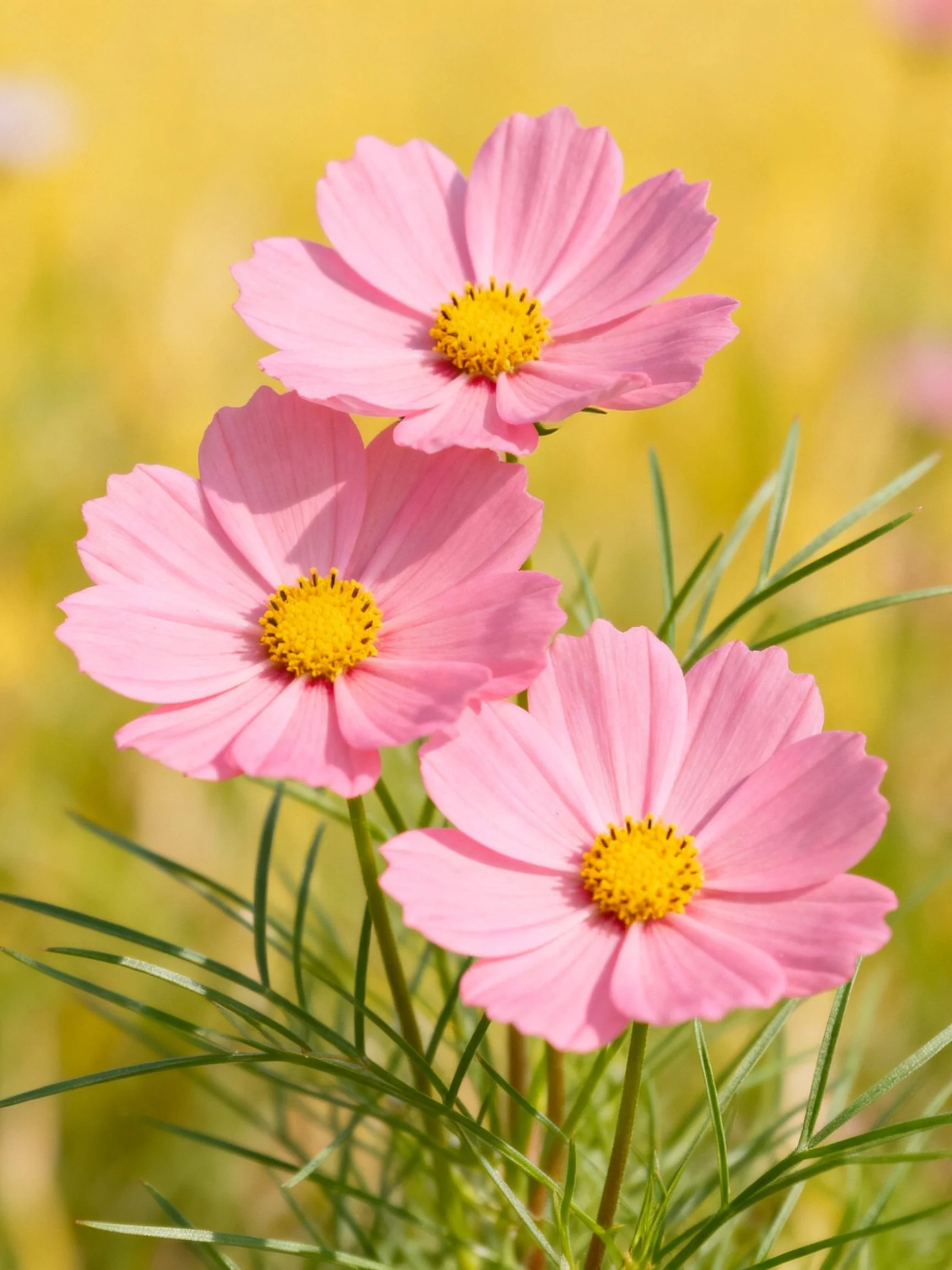 Three pink cosmos flowers with yellow centers amid green foliage