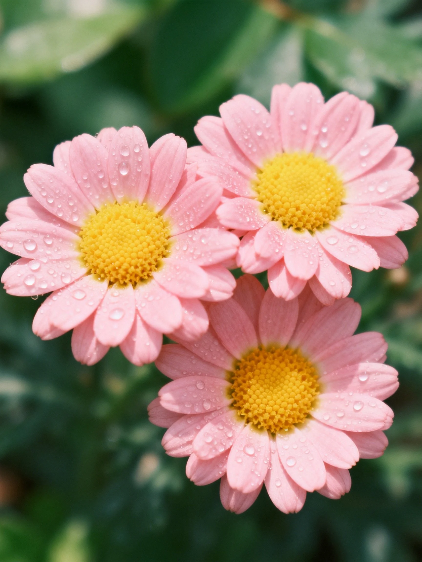 Three pink daisies with yellow centers and water droplets