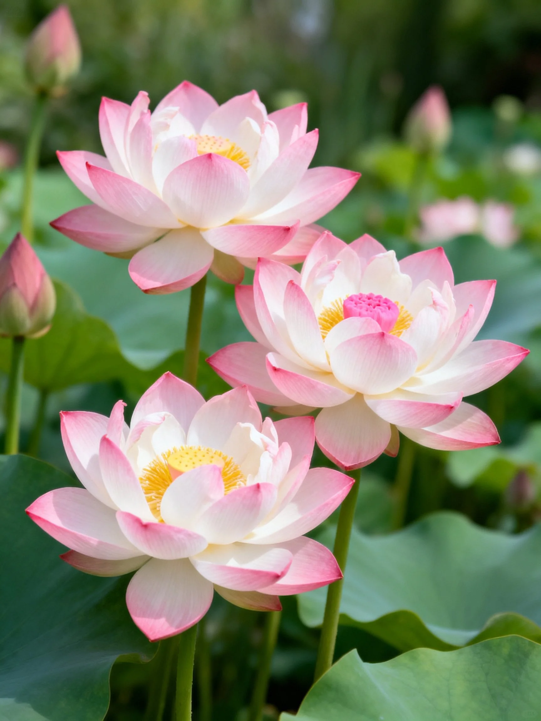 Three pink-edged white lotus flowers among green leaves