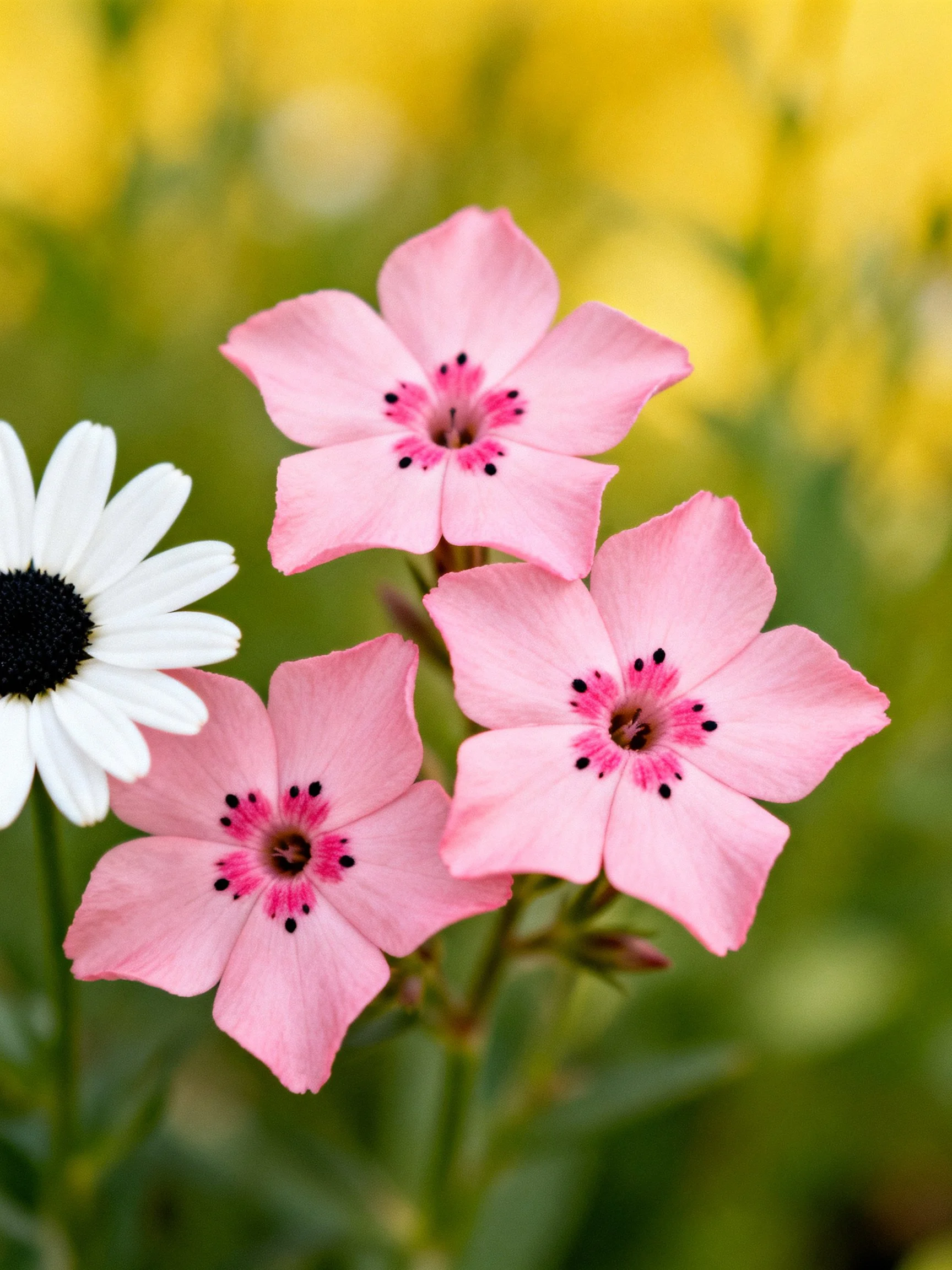 Three pink flowers and one white flower bloom amid green foliage