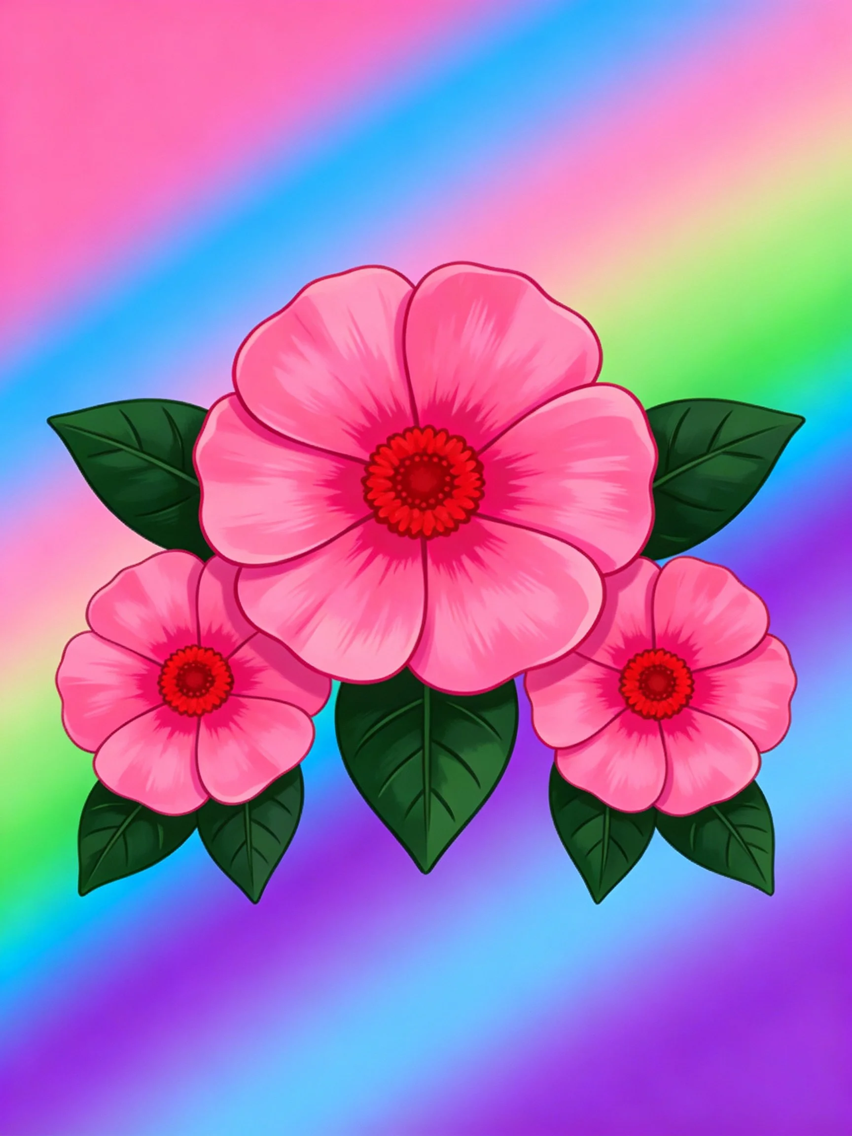 Three pink flowers with dark green leaves on a vibrant gradient background