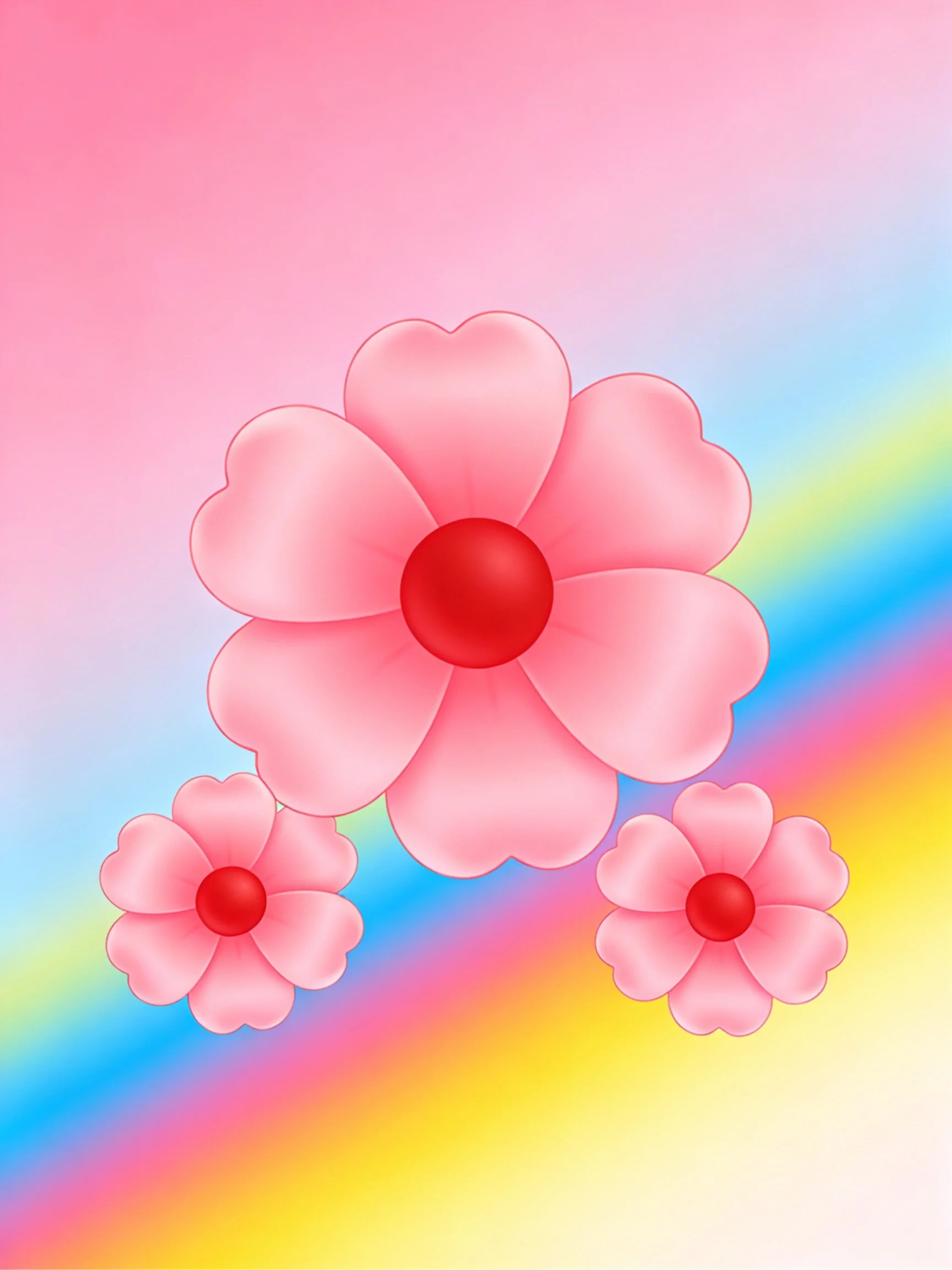 Three pink flowers with red centers on a rainbow gradient background