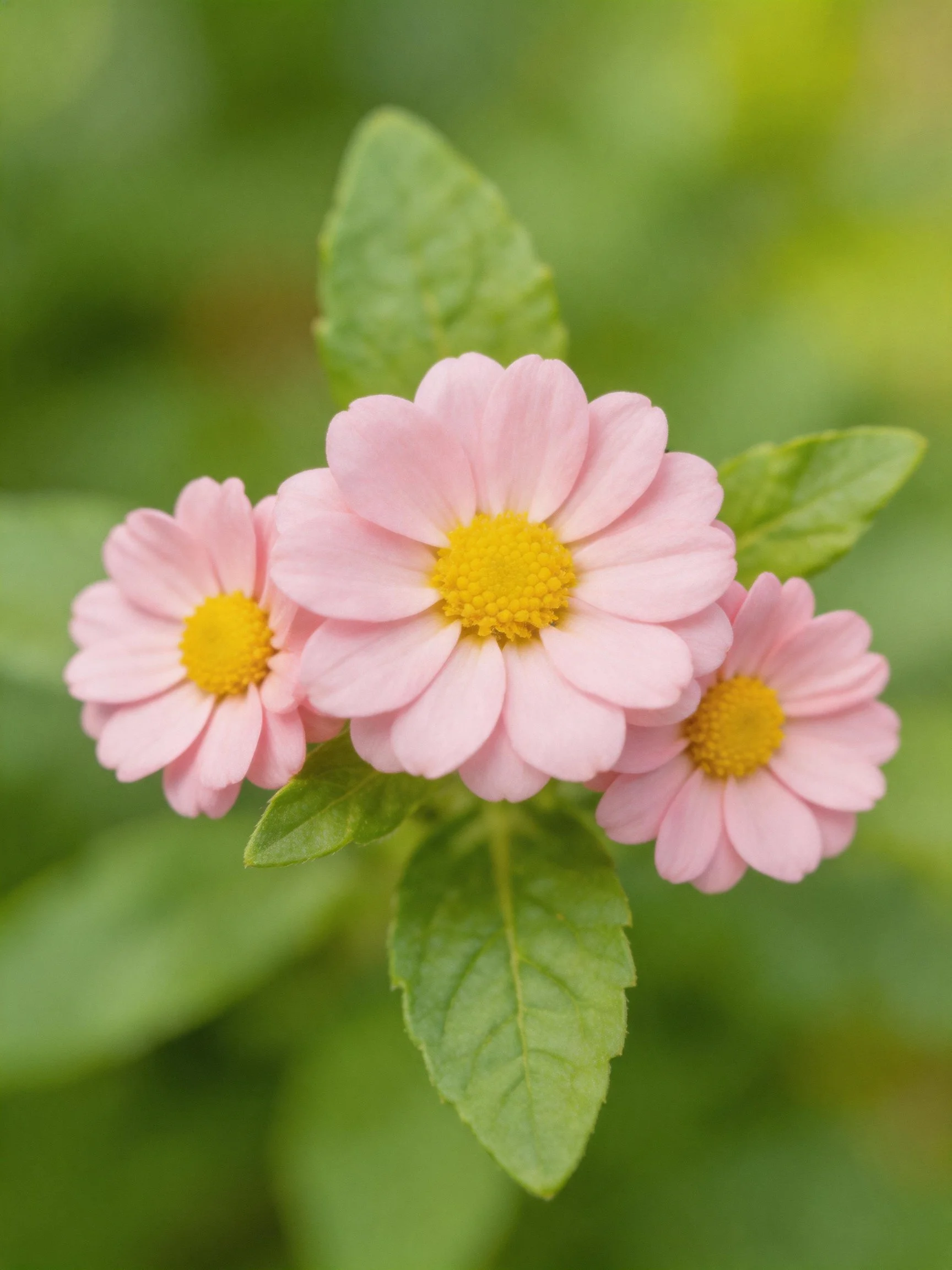 Three pink flowers with yellow centers amid green foliage
