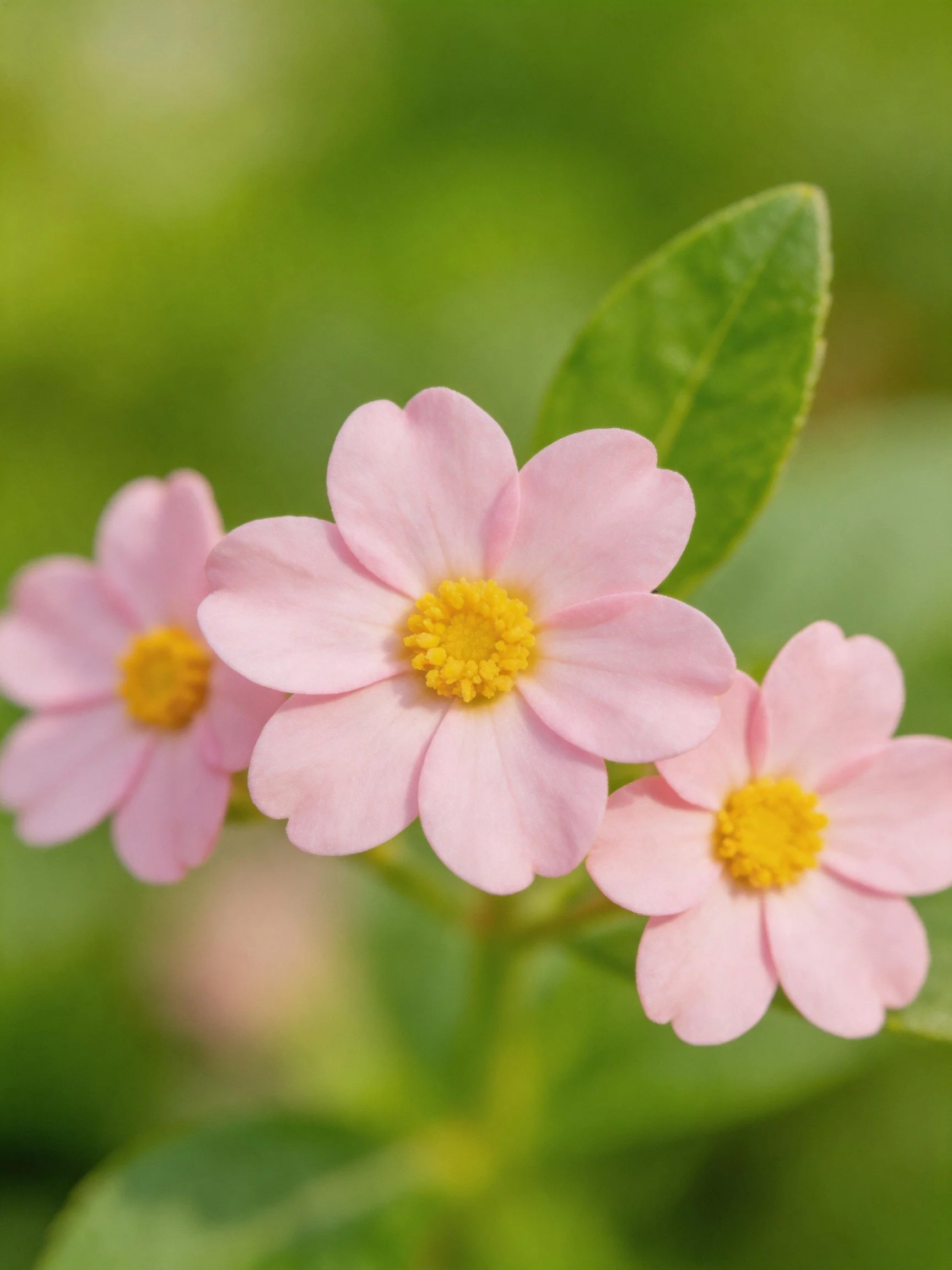 Three pink flowers with yellow centers near green leaves