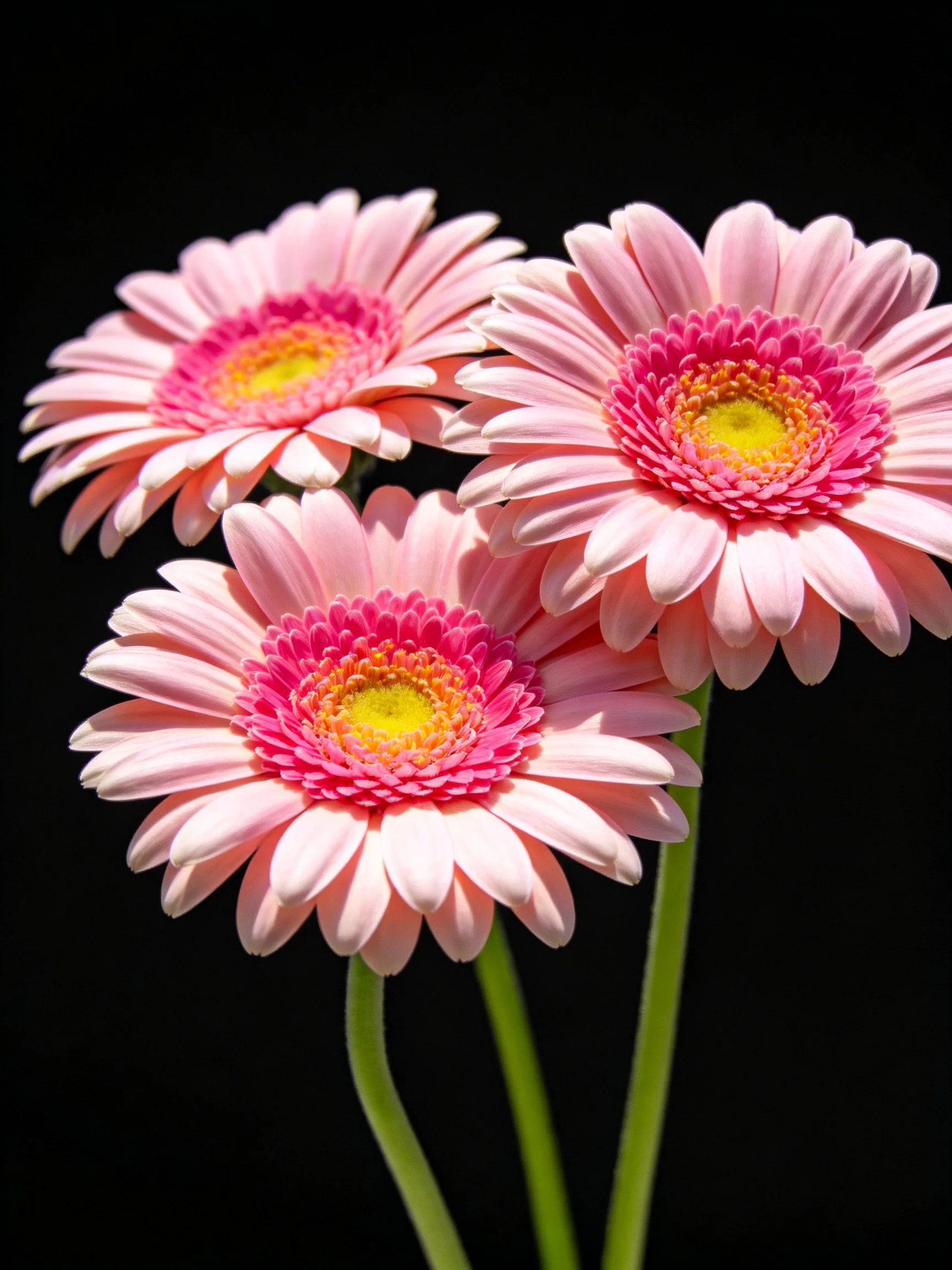 Three pink gerbera daisies against a black background