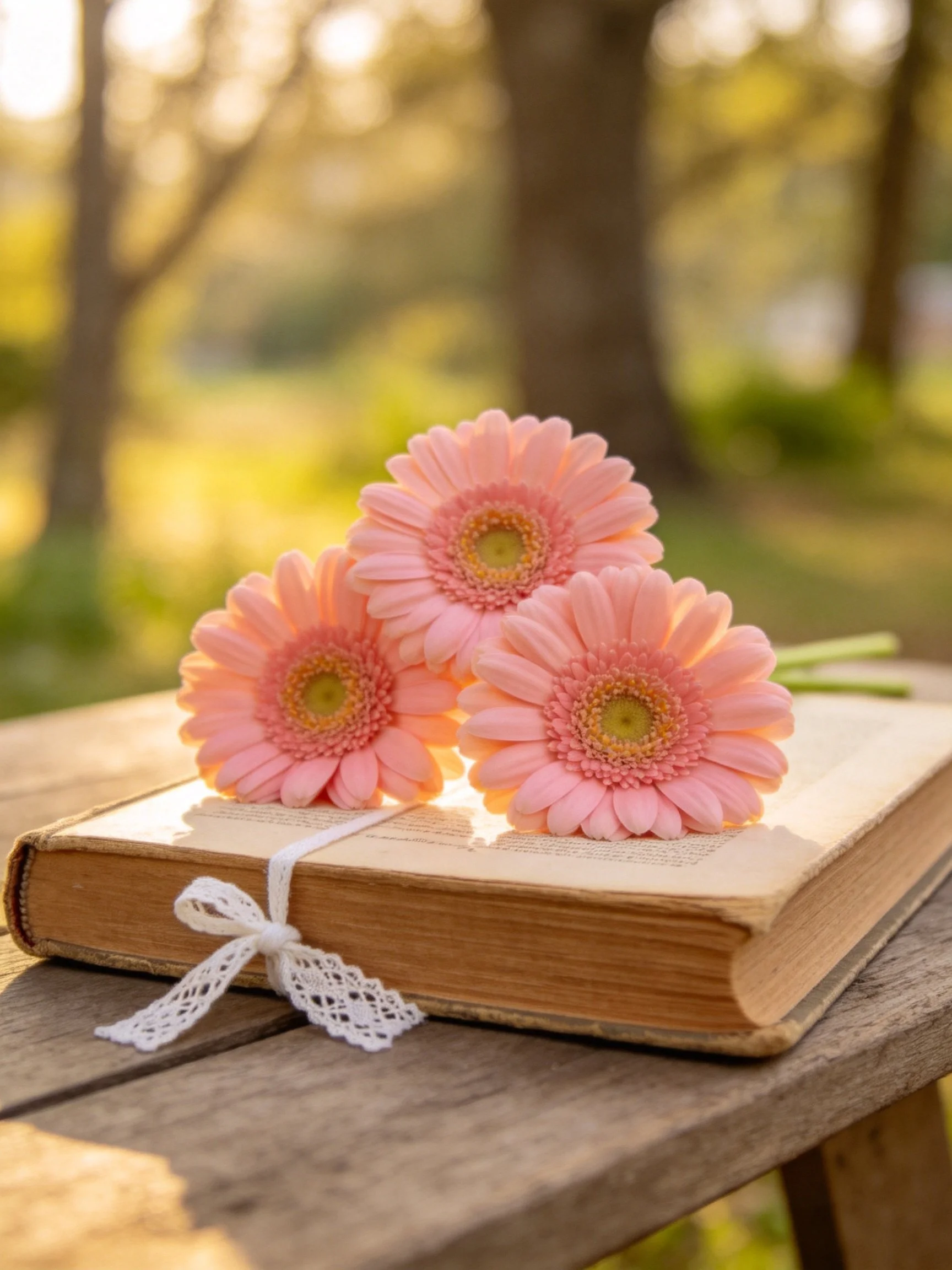 Three pink gerbera daisies on an aged book with lace ribbon