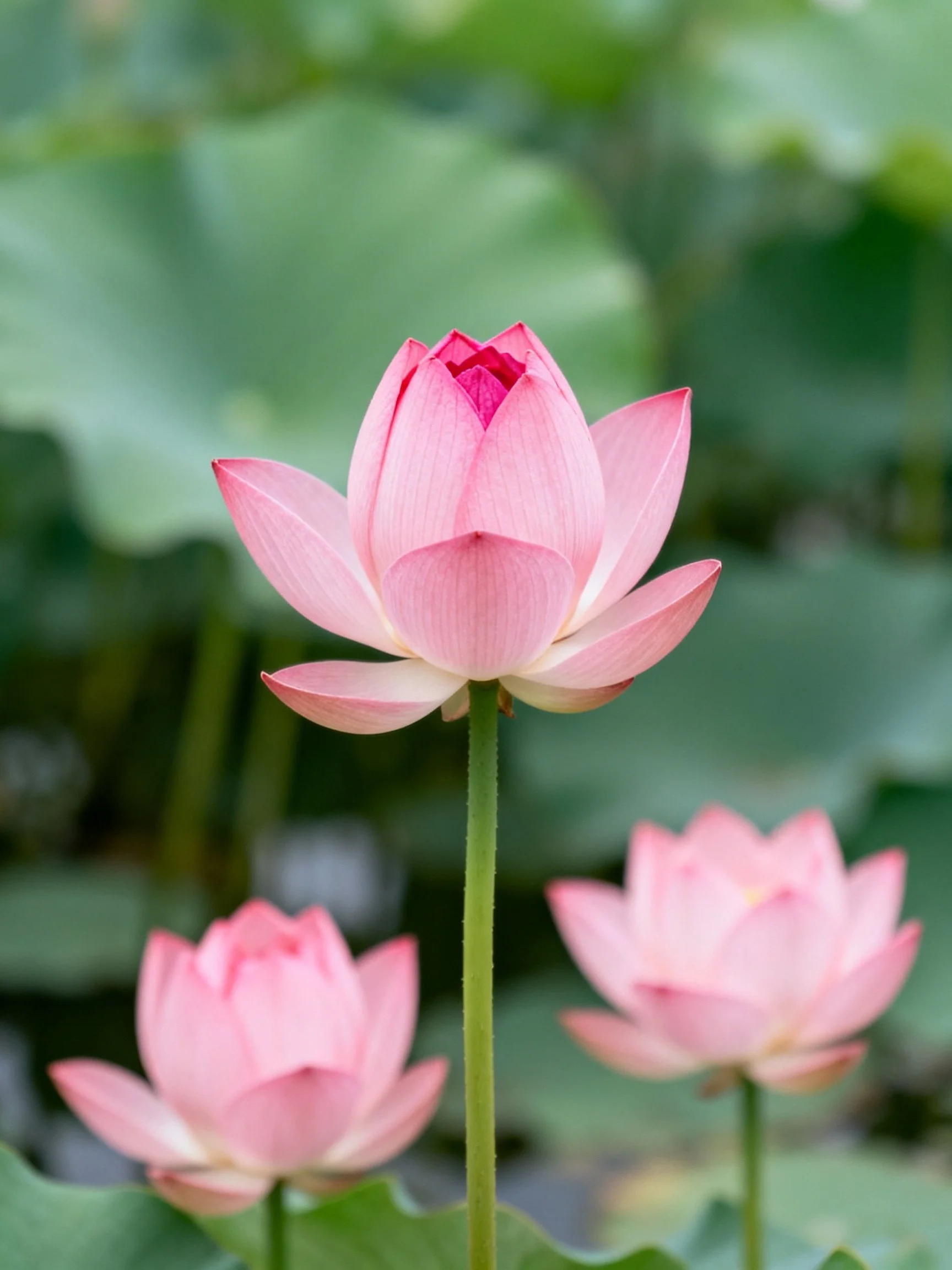 Three pink lotus blooms amidst lush green foliage