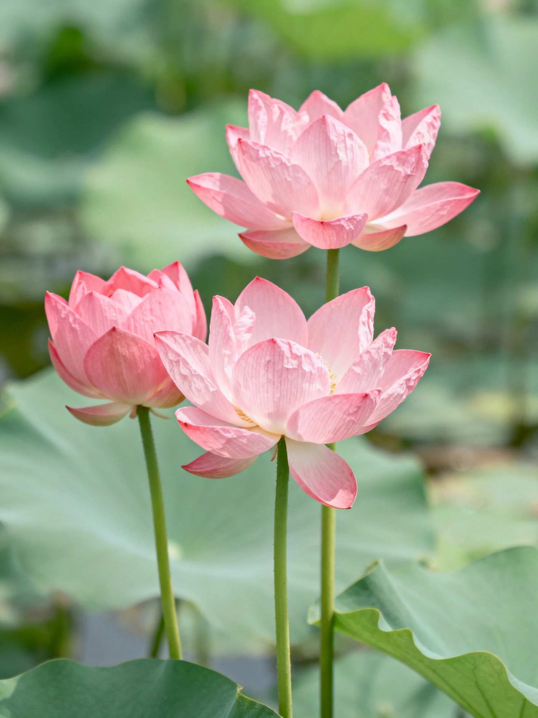 Three pink lotus flowers amidst green foliage