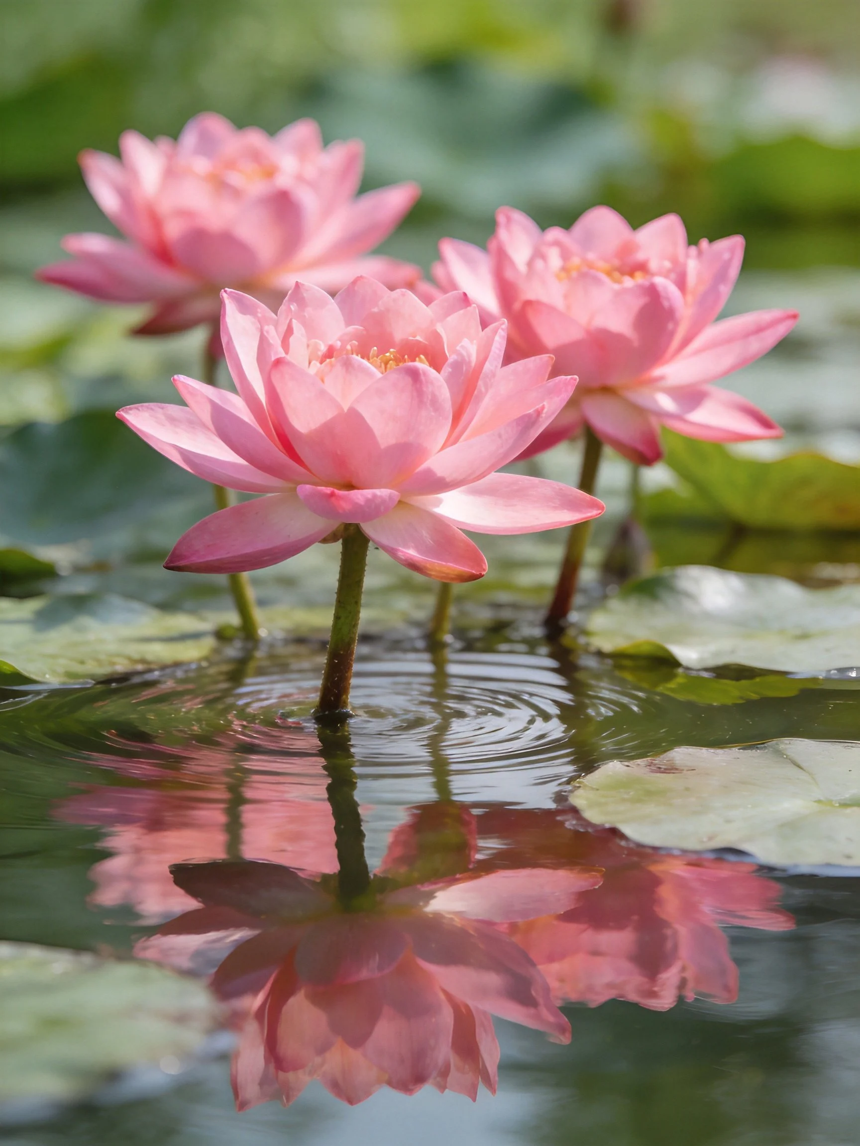 Three pink lotus flowers bloom among green lily pads in calm water