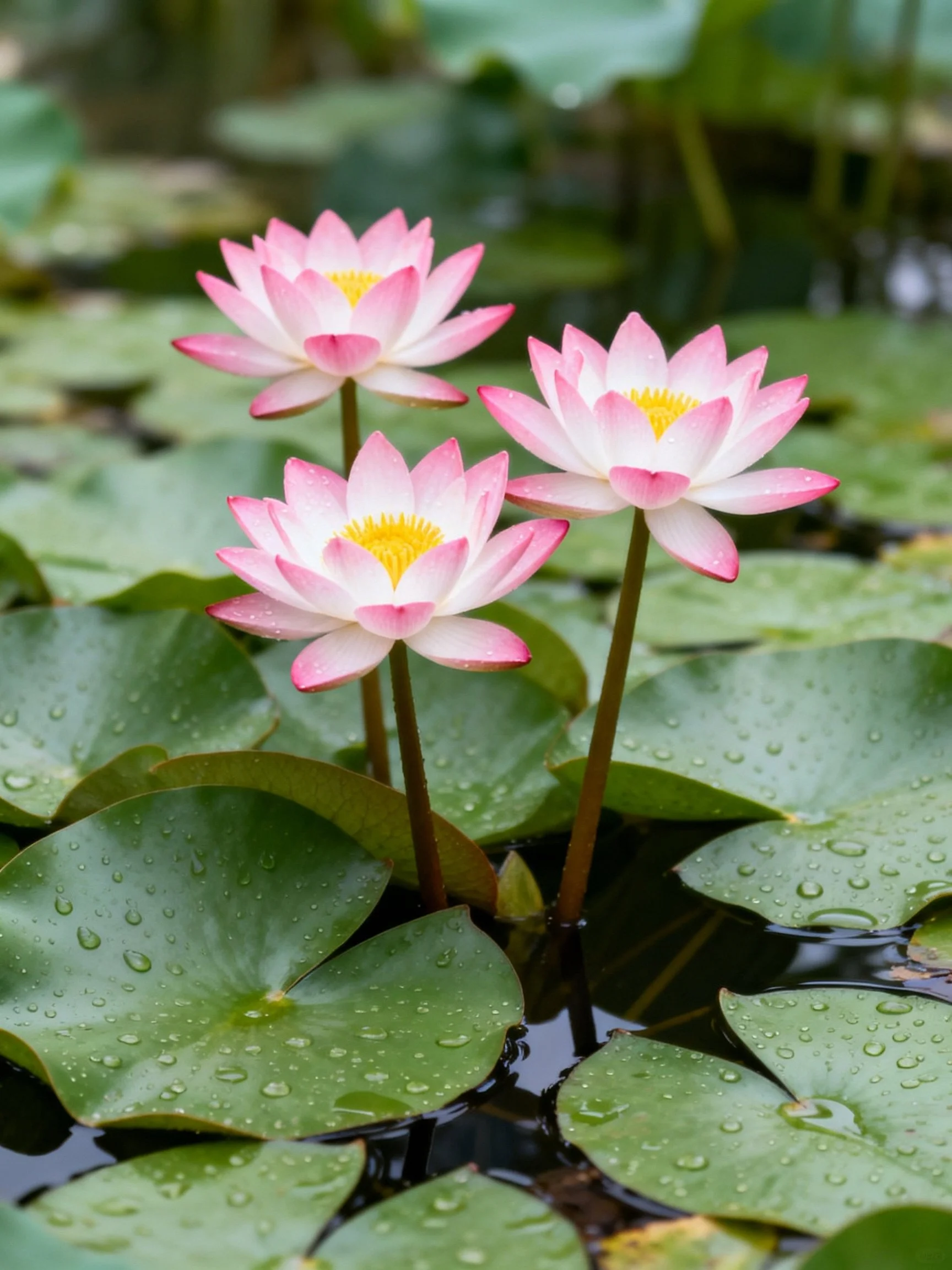 Three pink lotus flowers bloom among green lily pads with water droplets