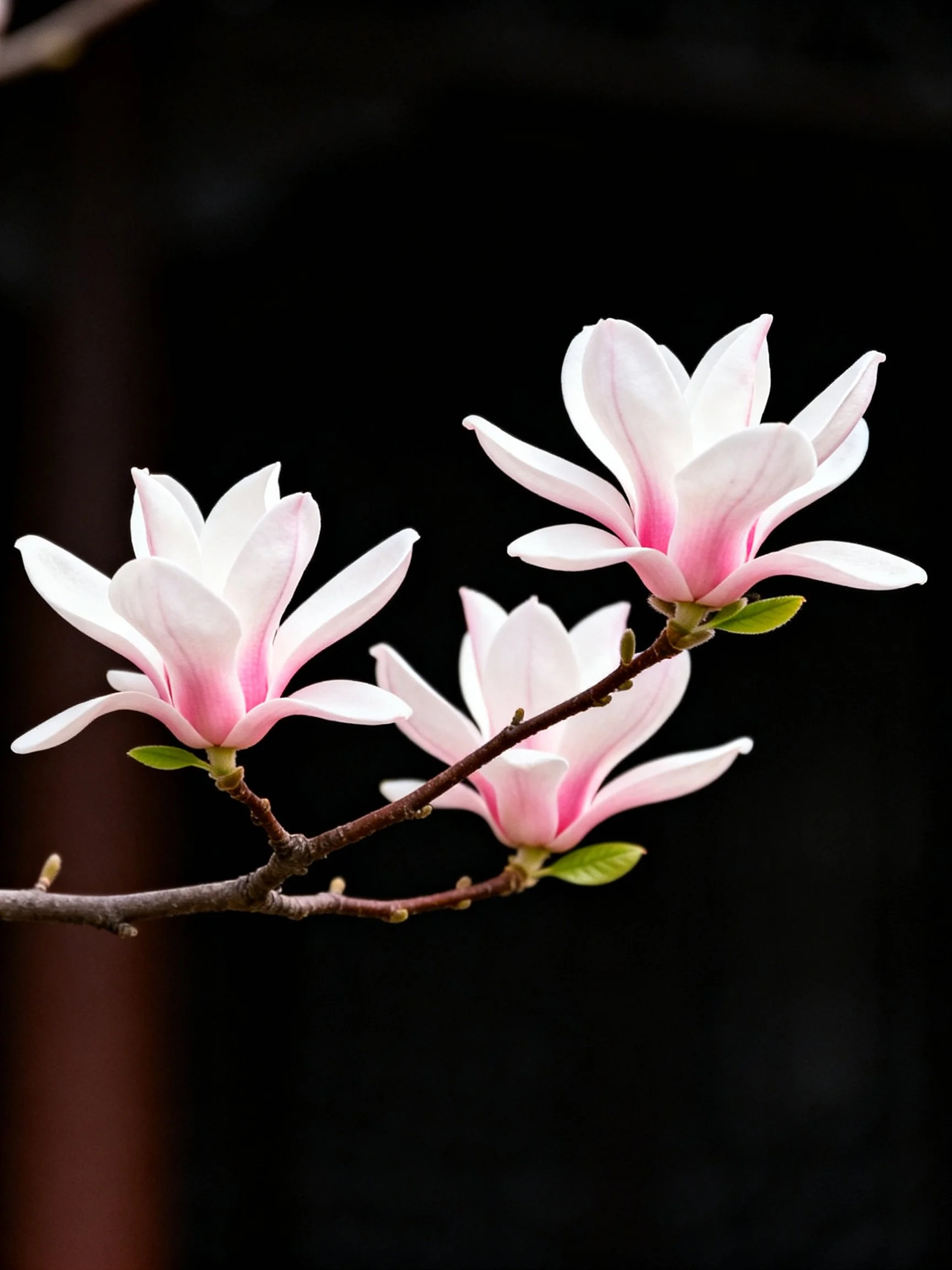 Three pink magnolia blooms on a dark backdrop