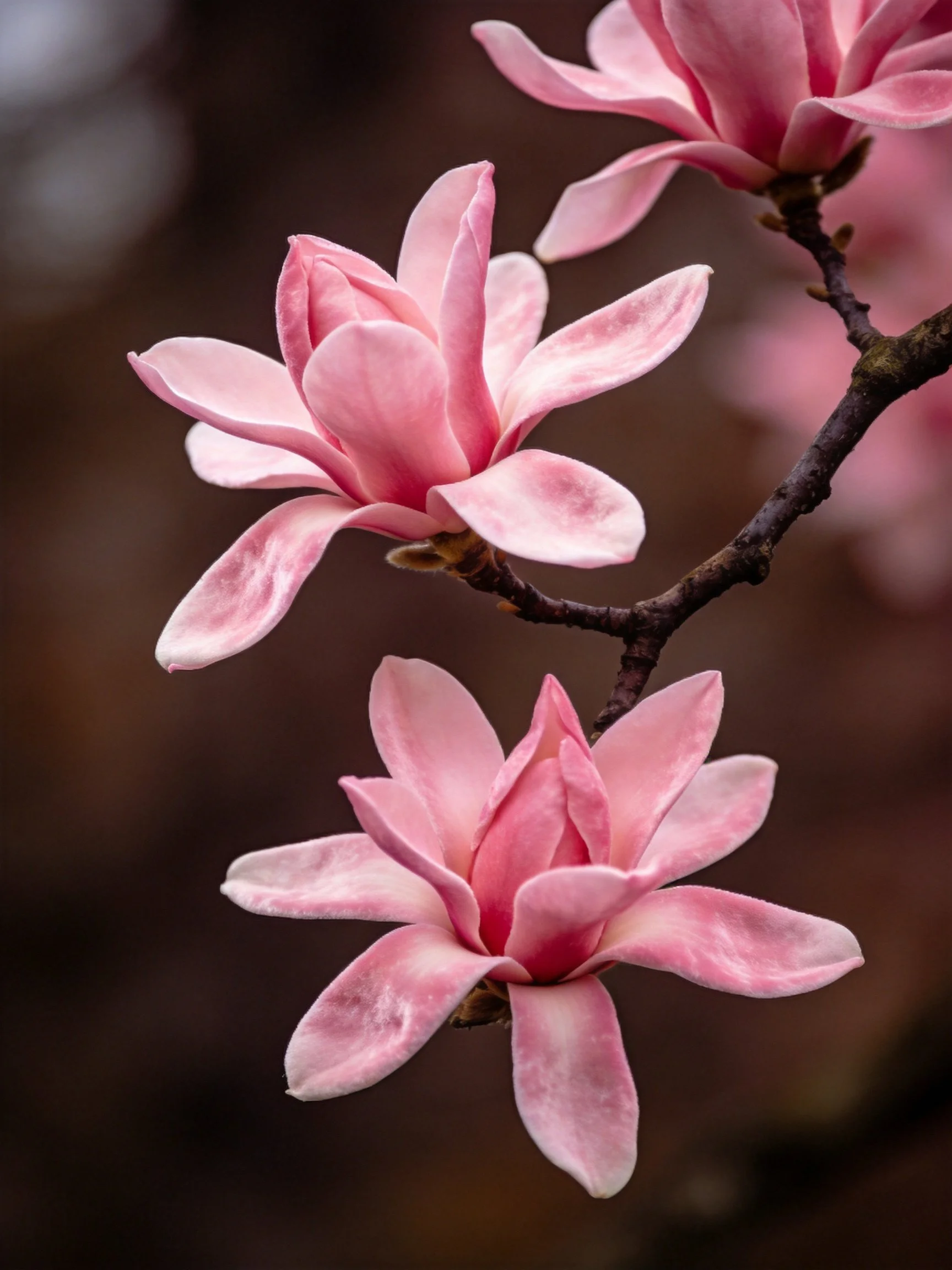Three pink magnolia blossoms on a dark branch