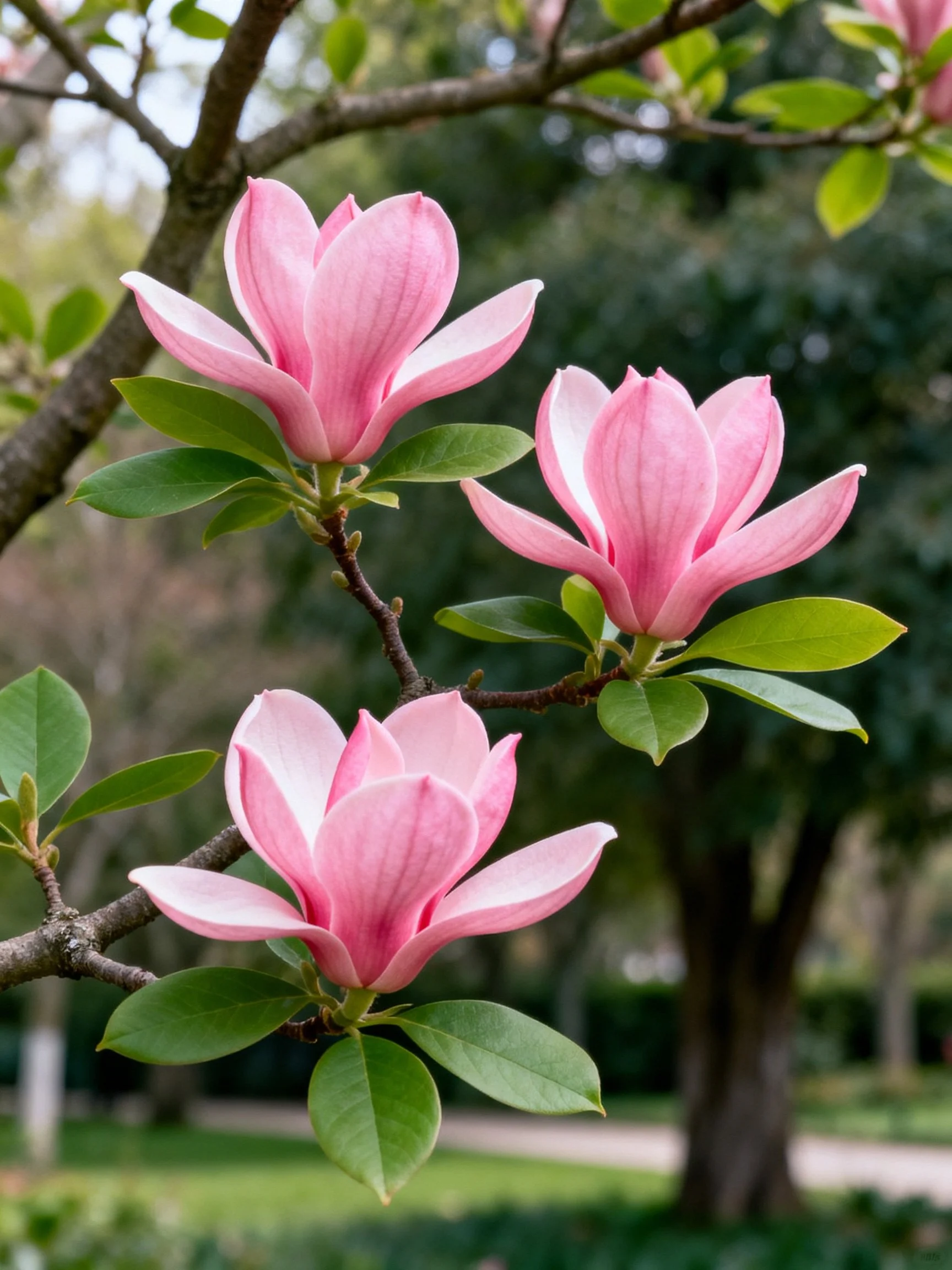 Three pink magnolia blossoms with green foliage on a tree branch