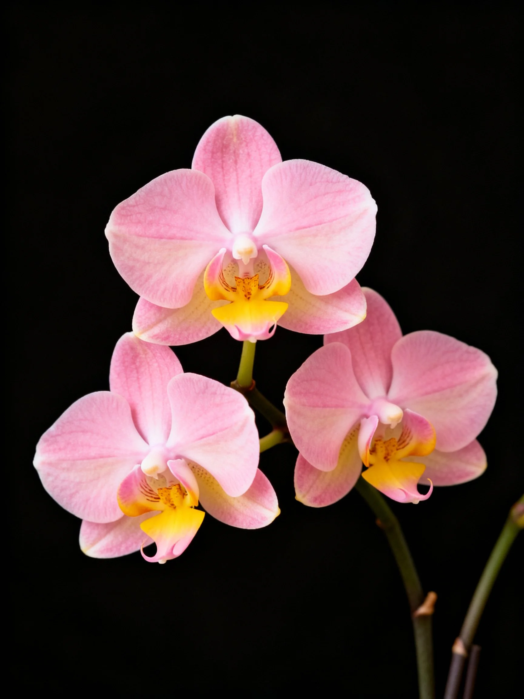 Three pink moth orchids with yellow centers against a black backdrop