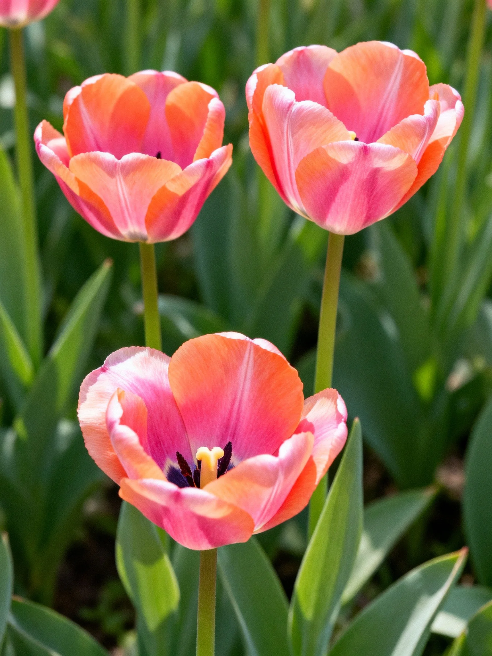 Three pink-orange tulips among green foliage