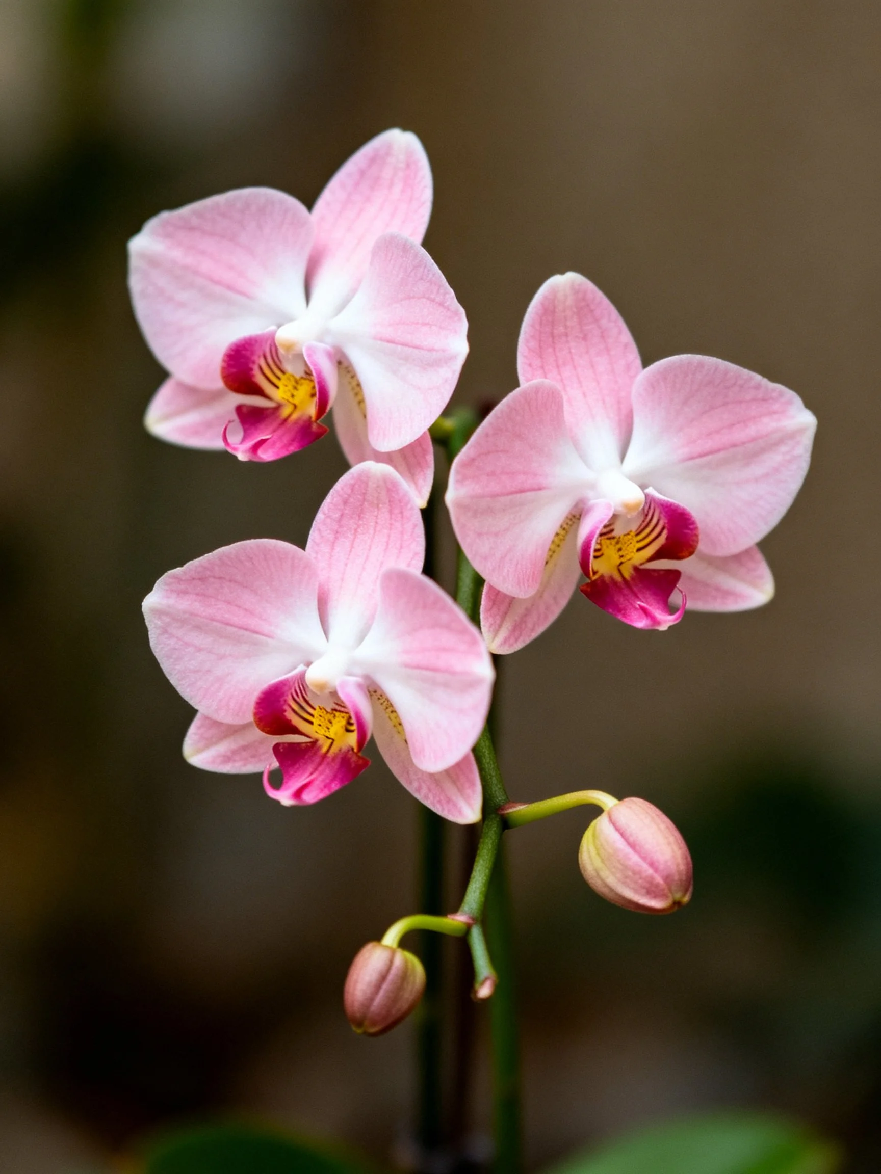 Three pink orchid blooms with maroon-yellow centers and two buds