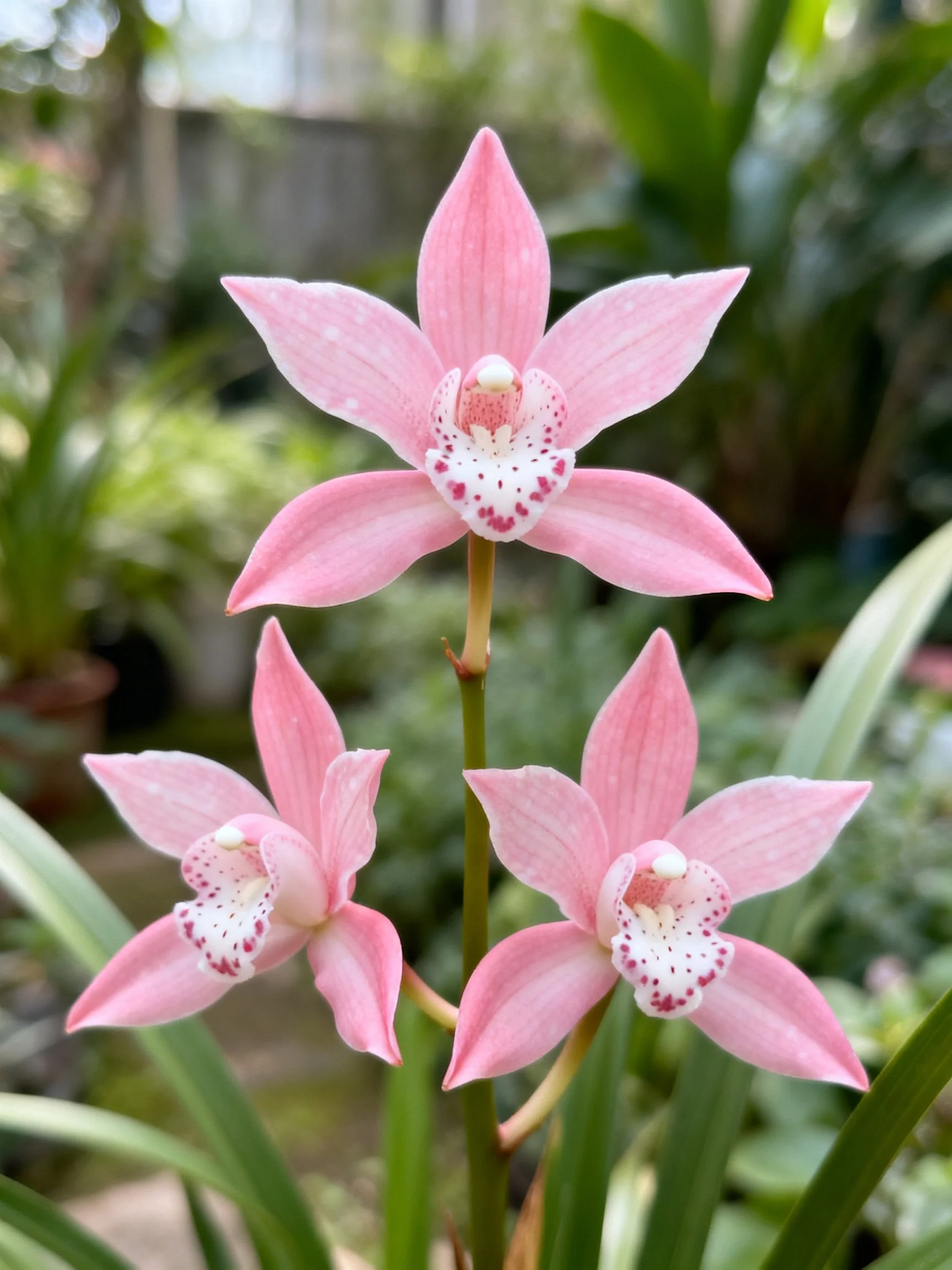 Three pink orchid blooms with speckled centers amid green foliage