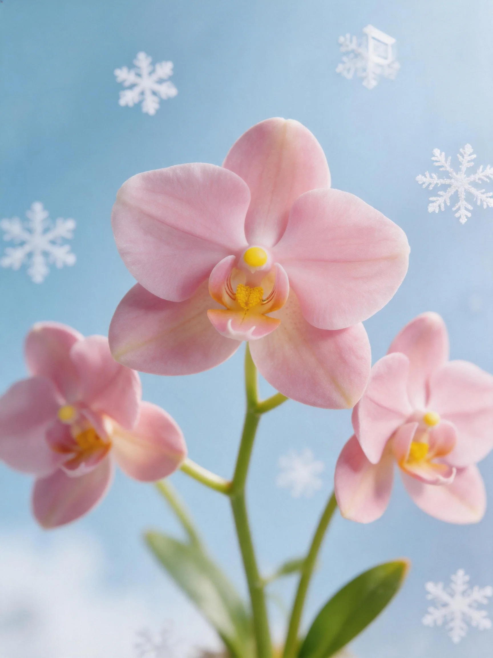Three pink orchids bloom against a blue sky with snowflake accents