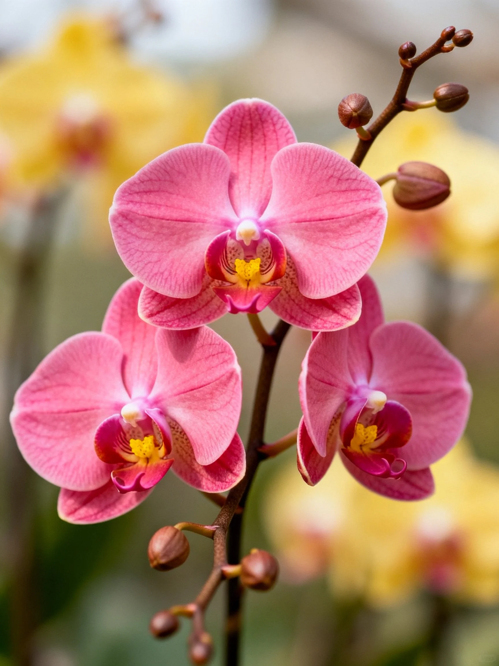 Three pink orchids bloom with unopened buds and yellow flowers in soft focus