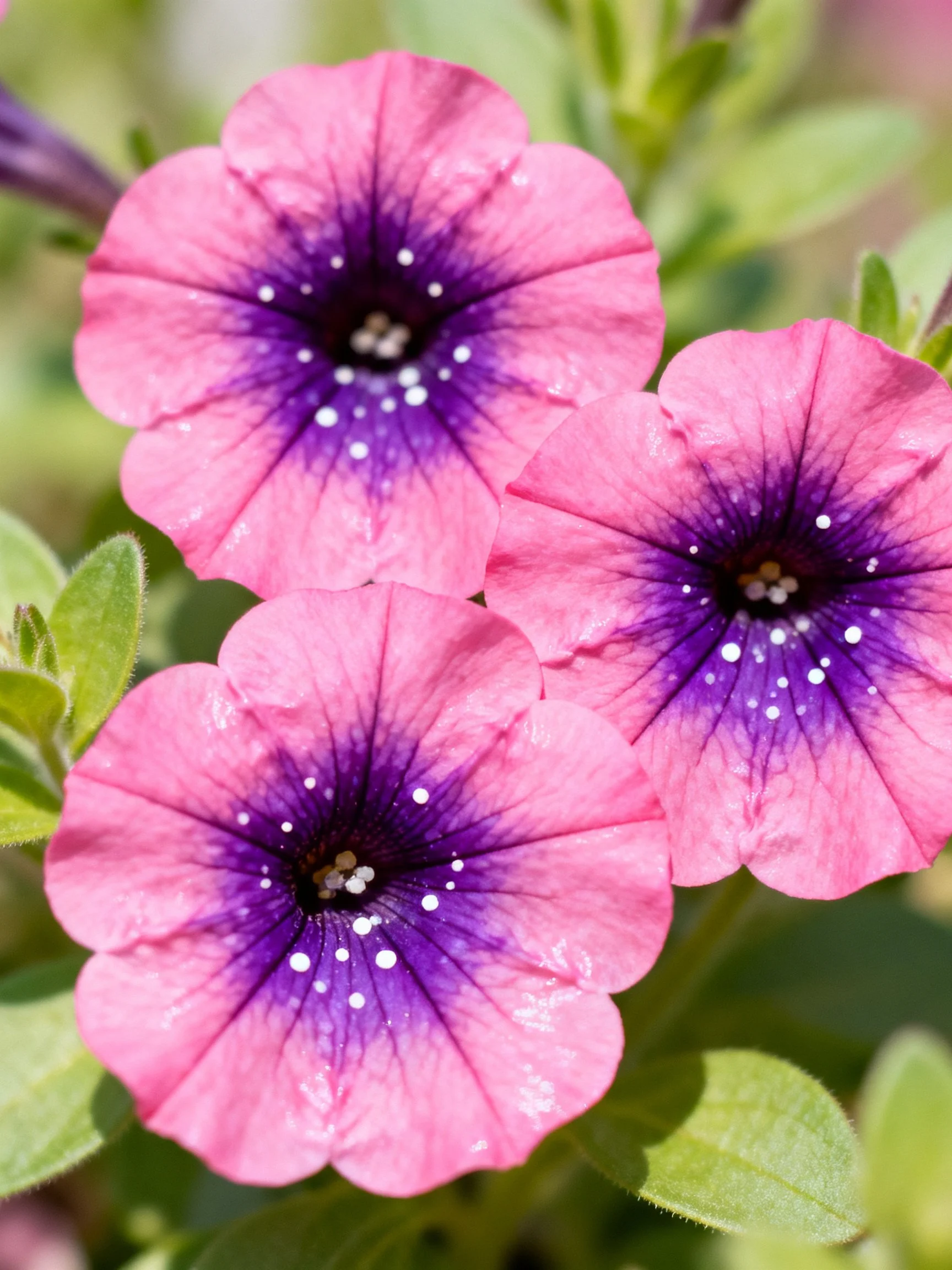 Three pink petunias with deep purple centers