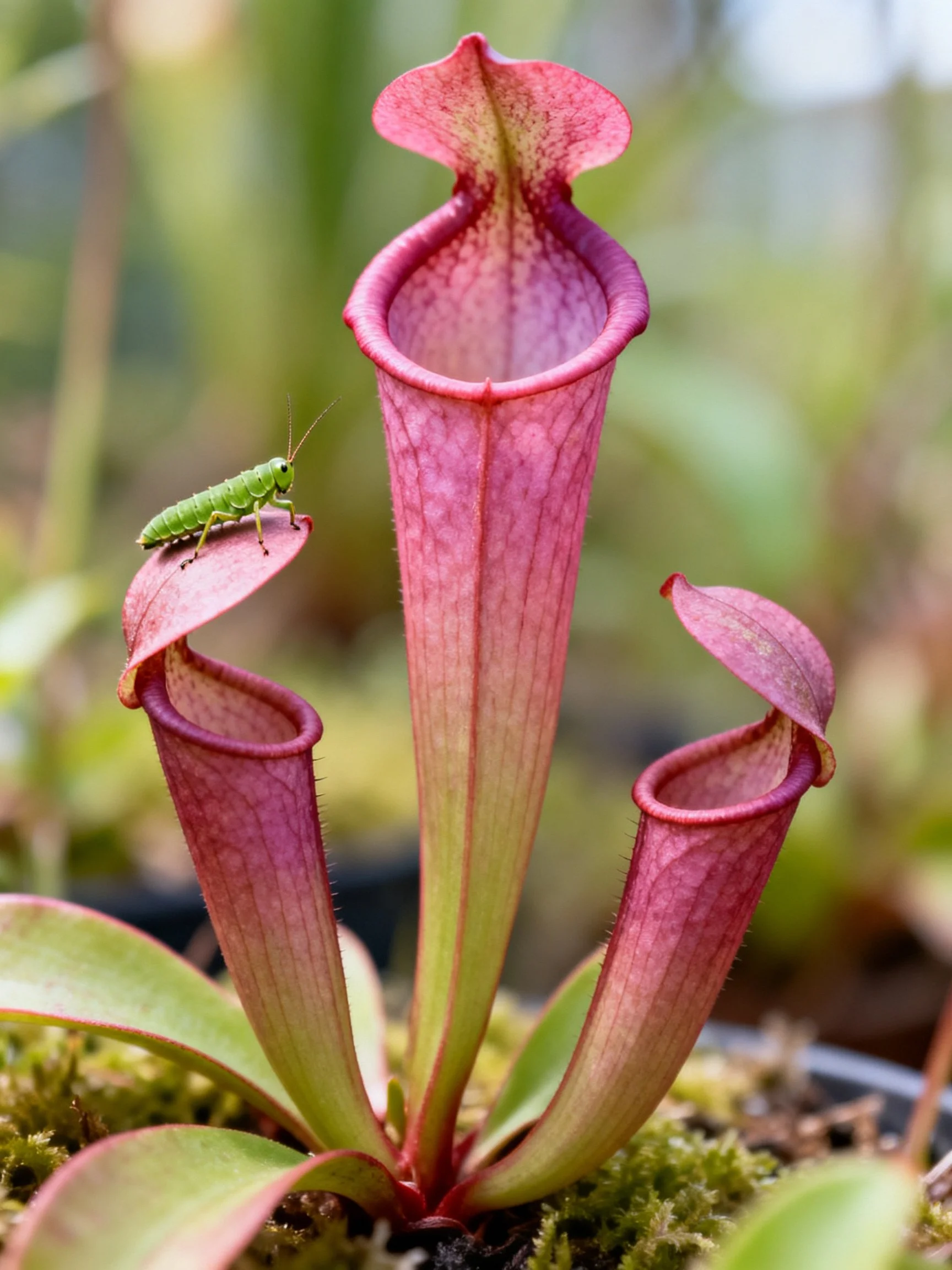 Three pink pitcher plants with a small green insect