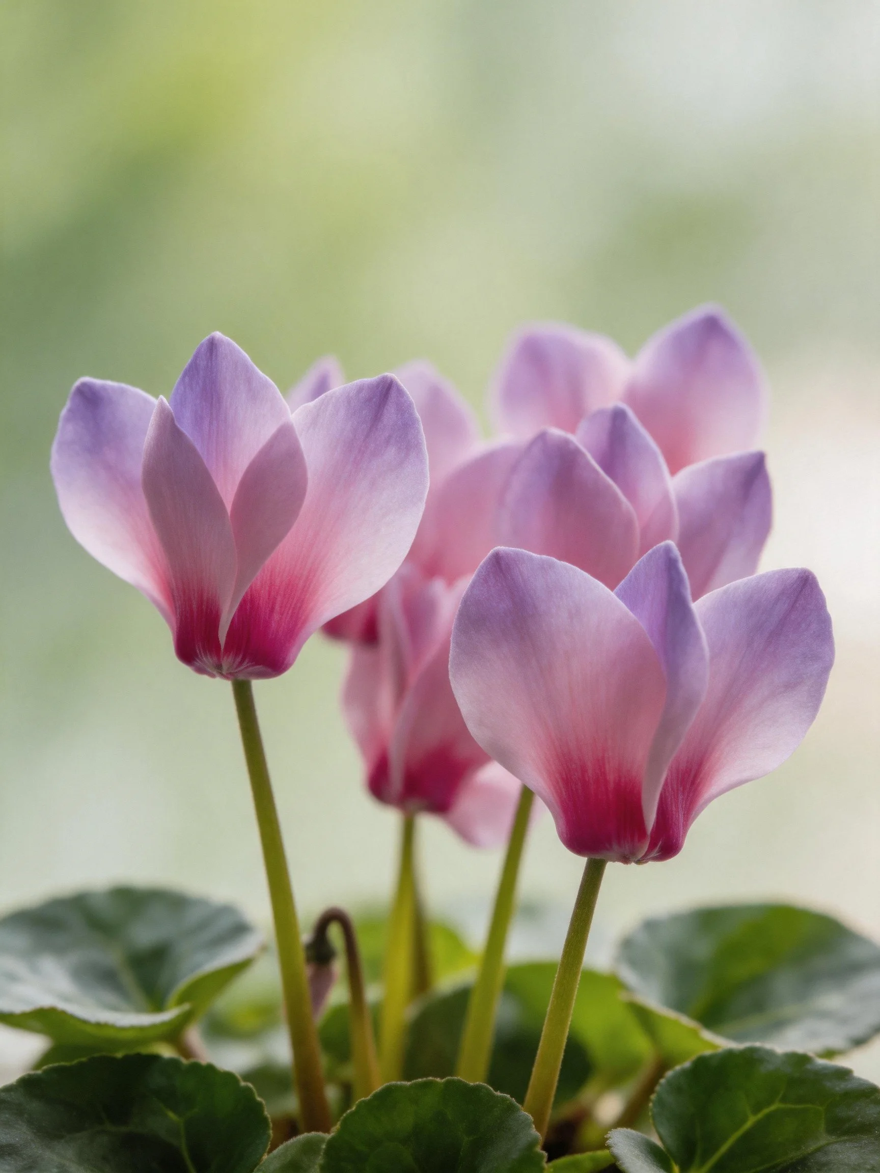 Three pink-purple cyclamen blooms with green leaves against a blurred backdrop