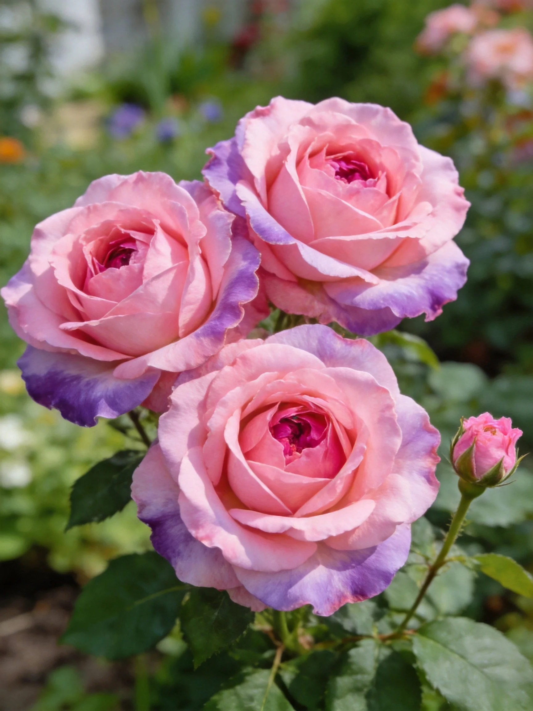 Three pink-purple roses and a rosebud
