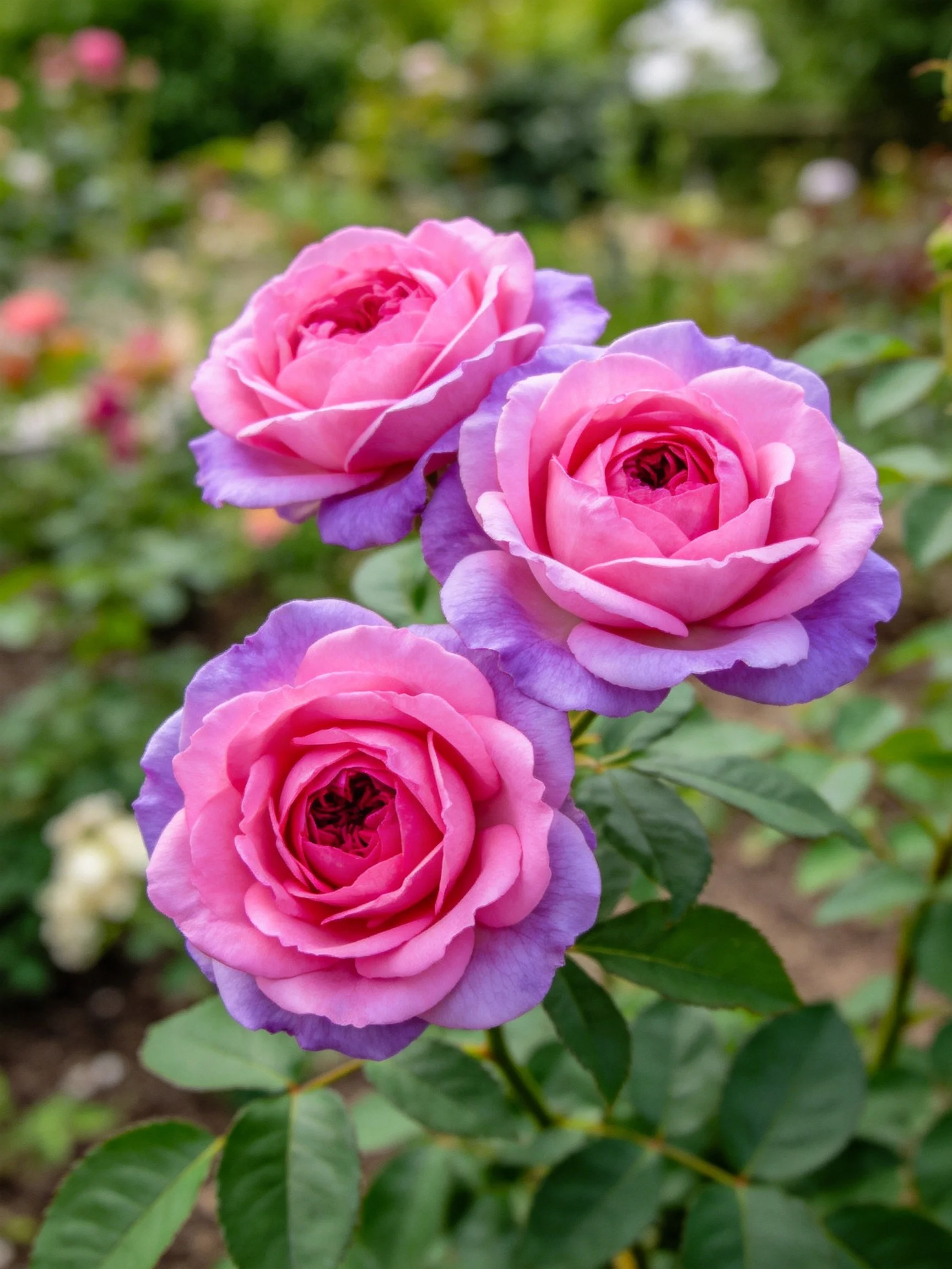 Three pink-purple roses bloom amidst lush green foliage