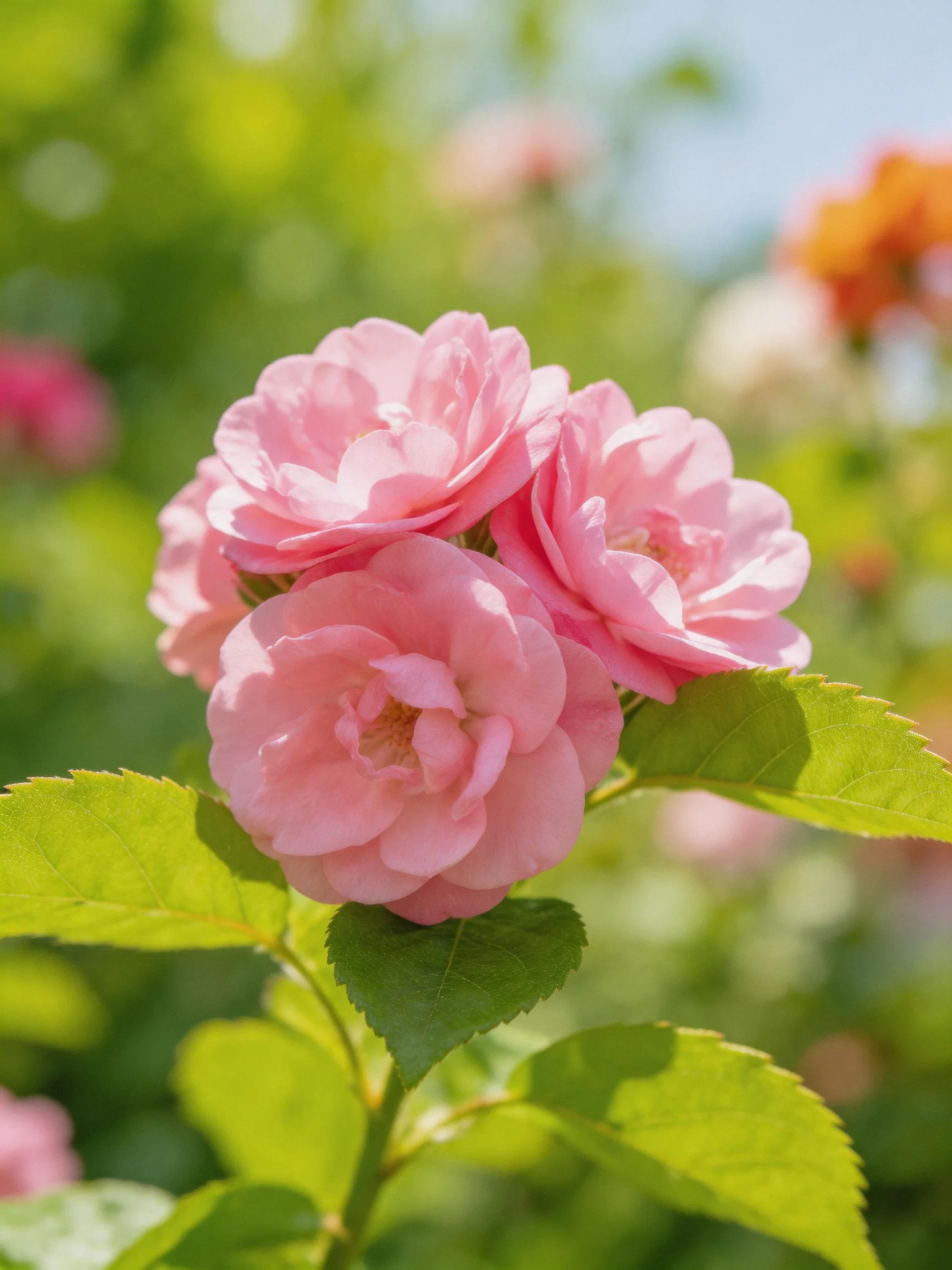 Three pink roses bloom vibrantly among lush green foliage