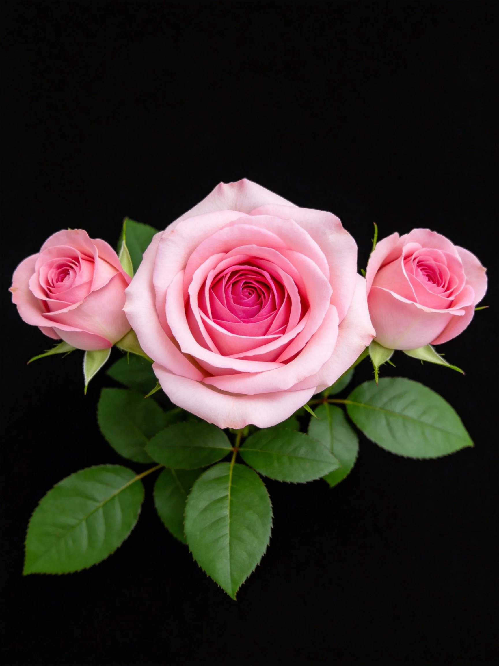 Three pink roses, two rosebuds, and green leaves on a black background