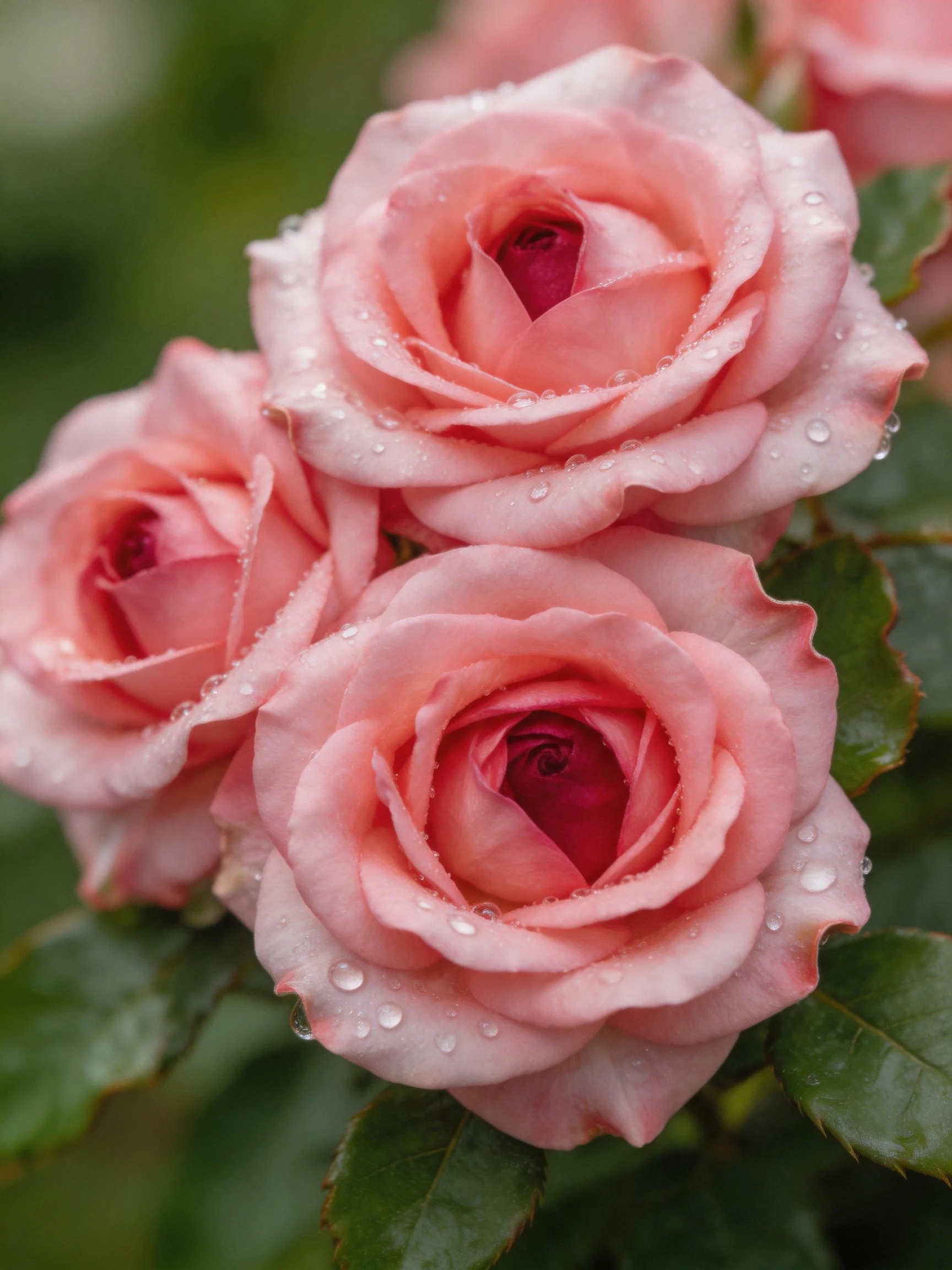 Three pink roses with dew drops and green leaves