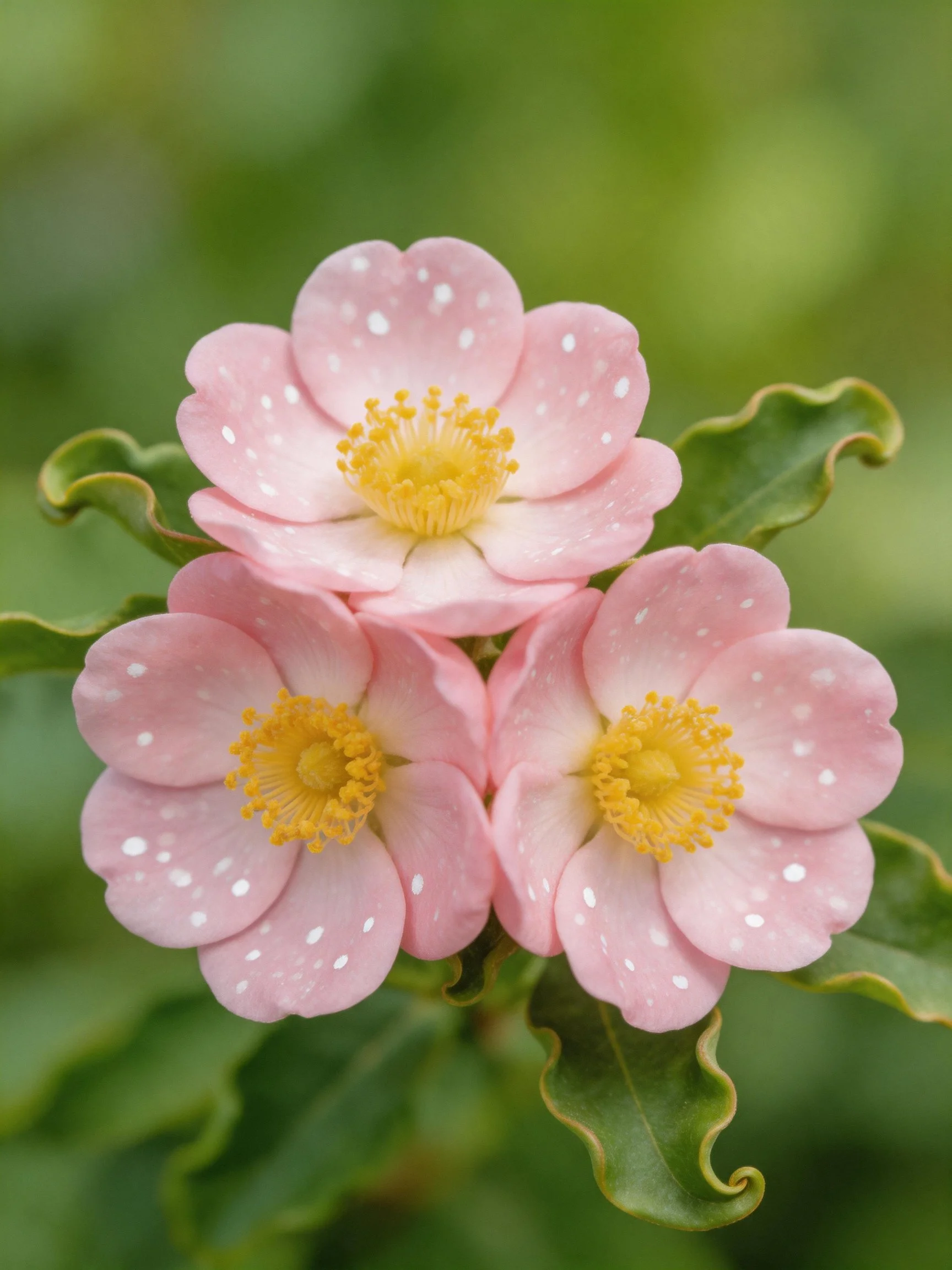 Three pink-spotted flowers with yellow centers and wavy green leaves