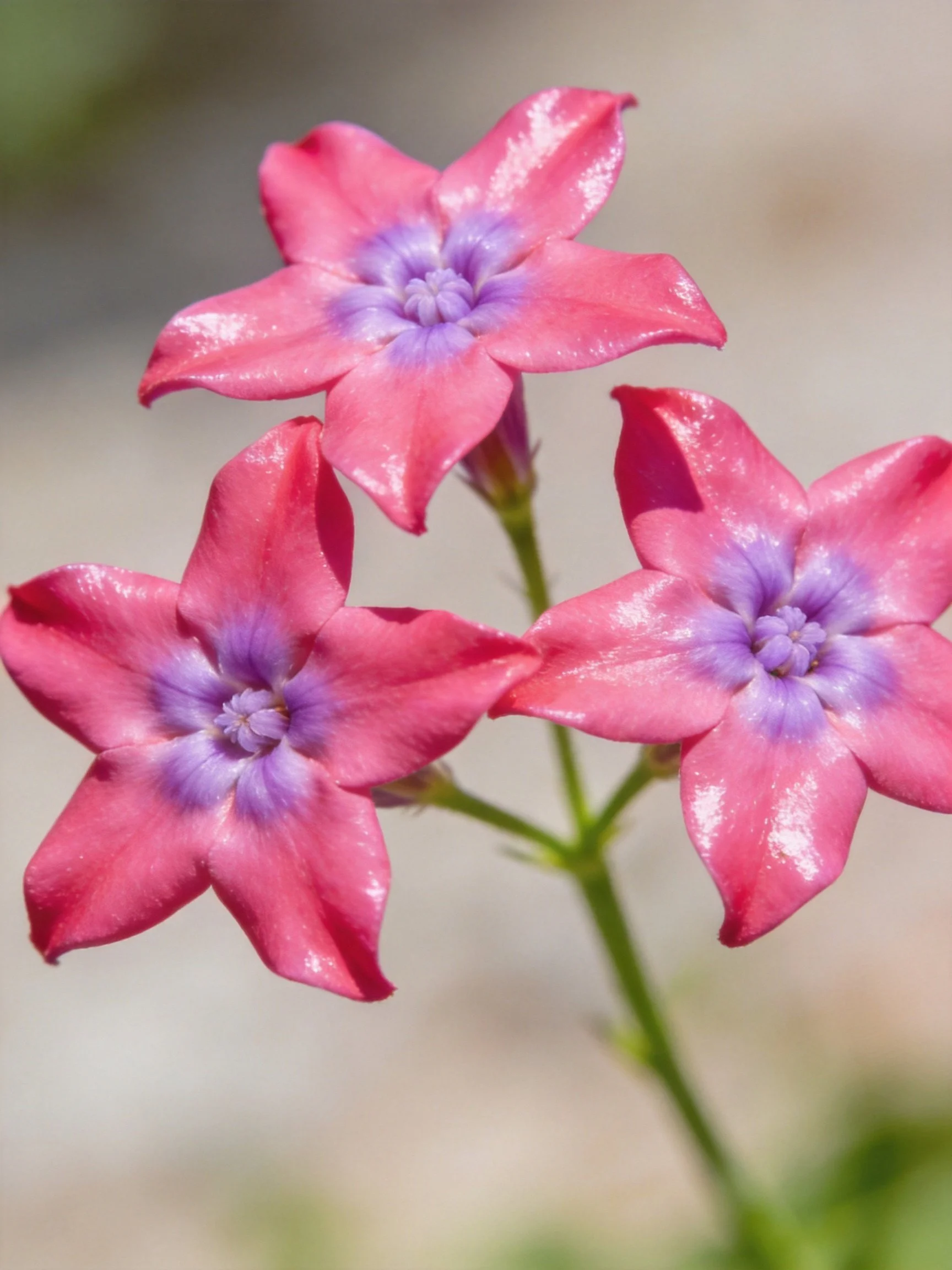 Three pink star - shaped flowers with purple centers