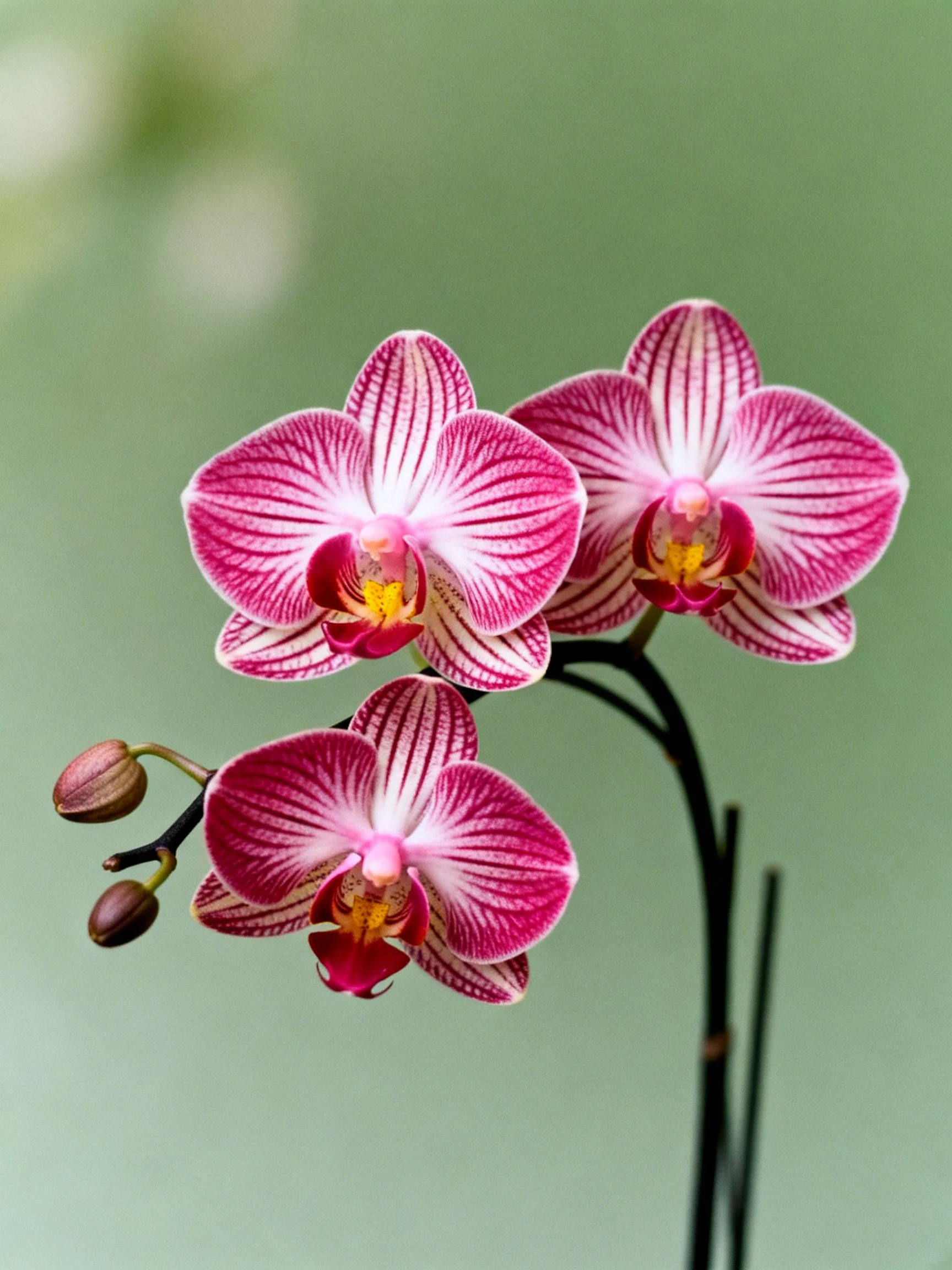 Three pink-striped orchids with flower buds on dark stems