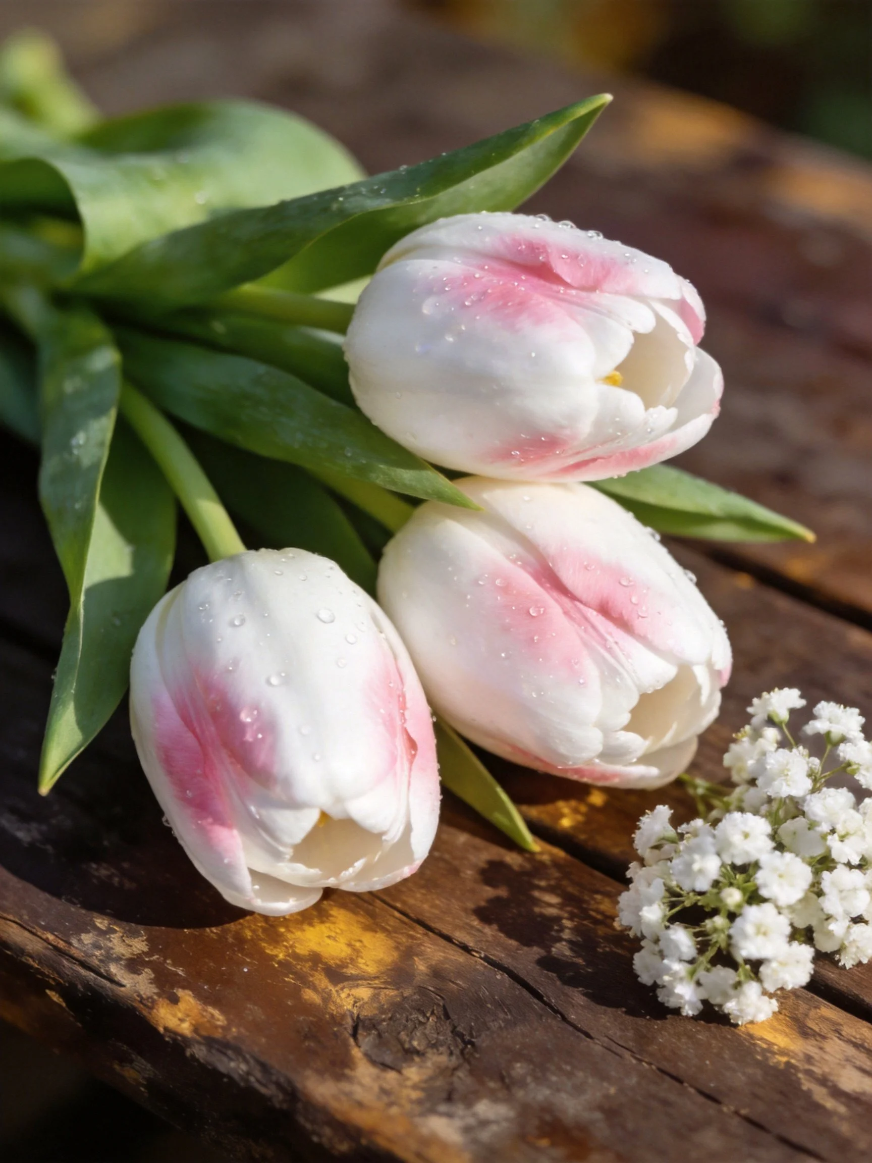 Three pink-tinted tulips with dewdrops on rustic wood