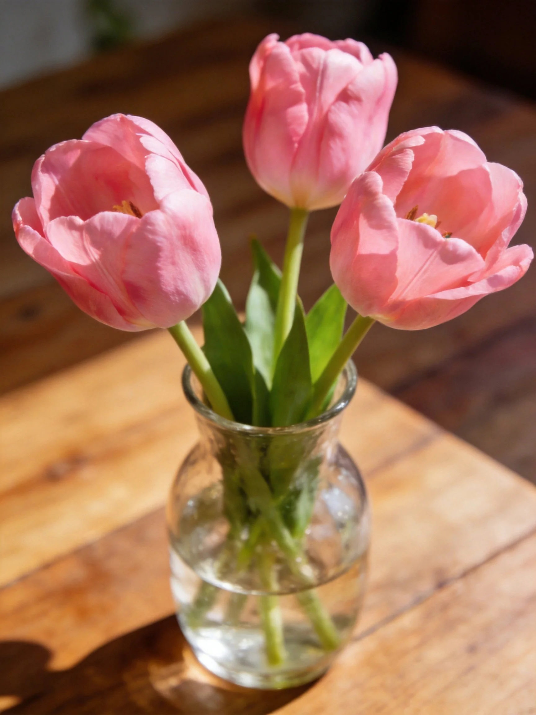 Three pink tulips in a clear glass vase on a wooden table