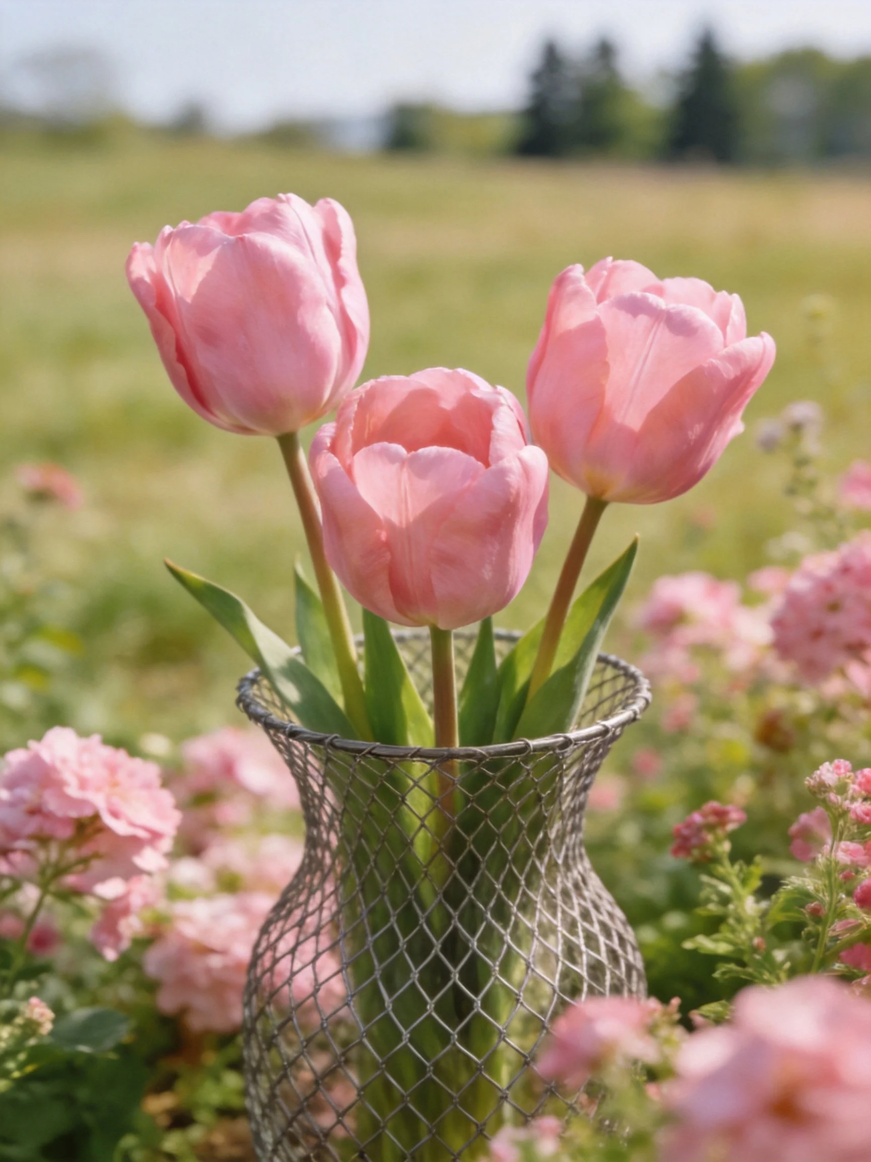 Three pink tulips in a wire vase among outdoor flowers