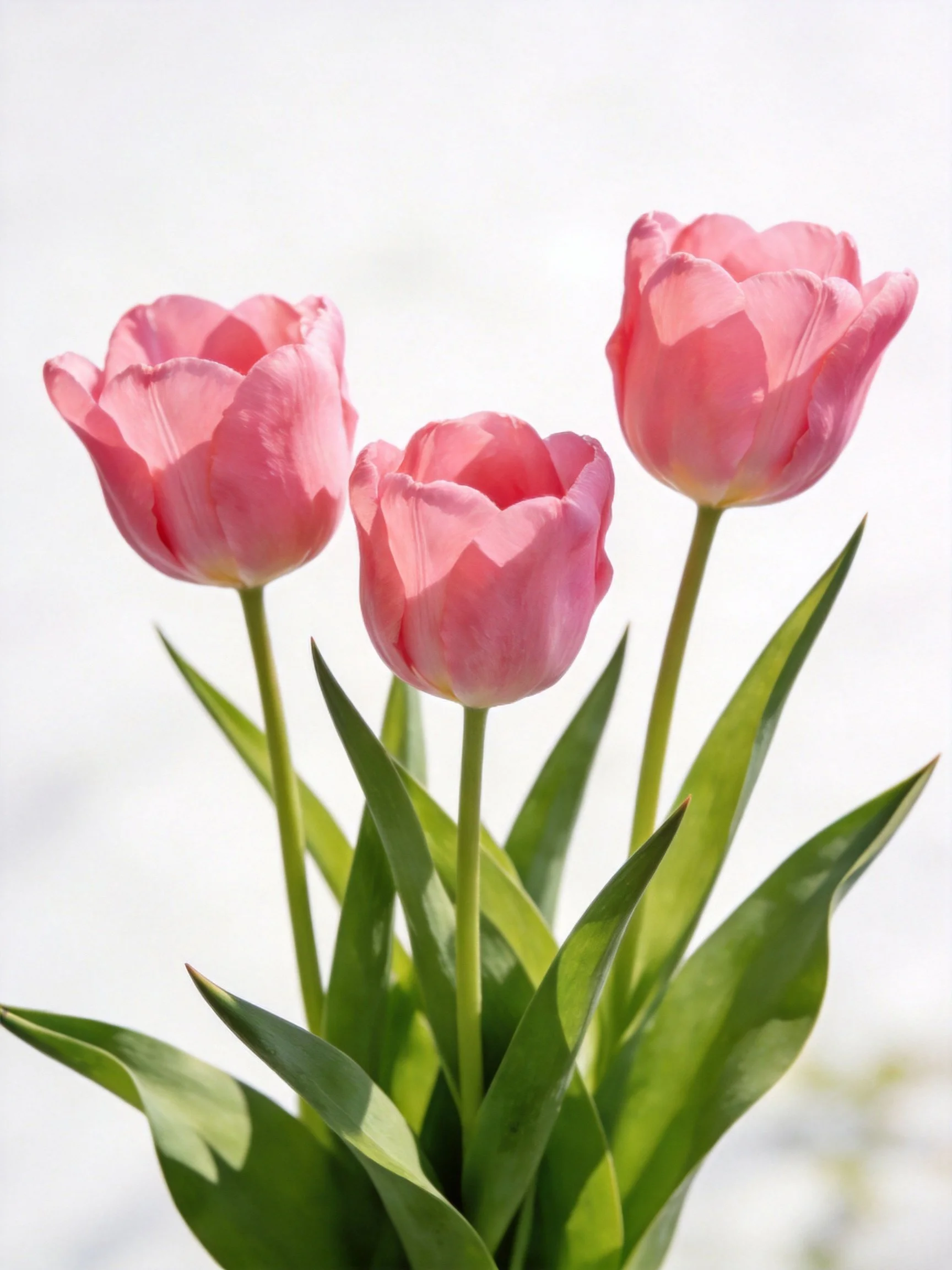 Three pink tulips with lush green foliage