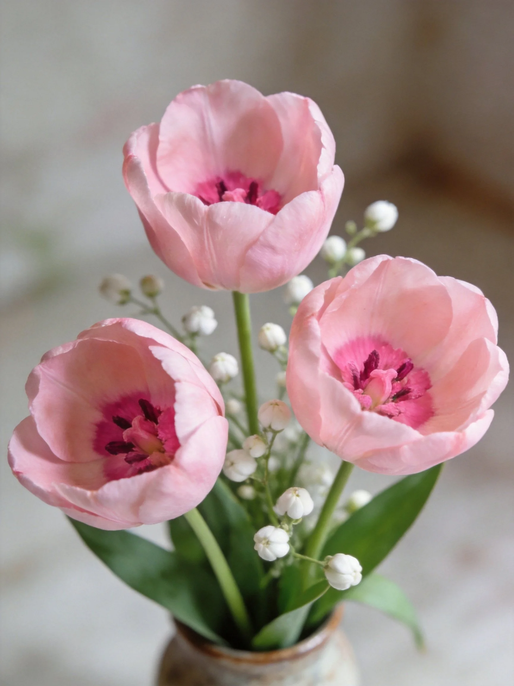 Three pink tulips with white floral accents in a ceramic vase