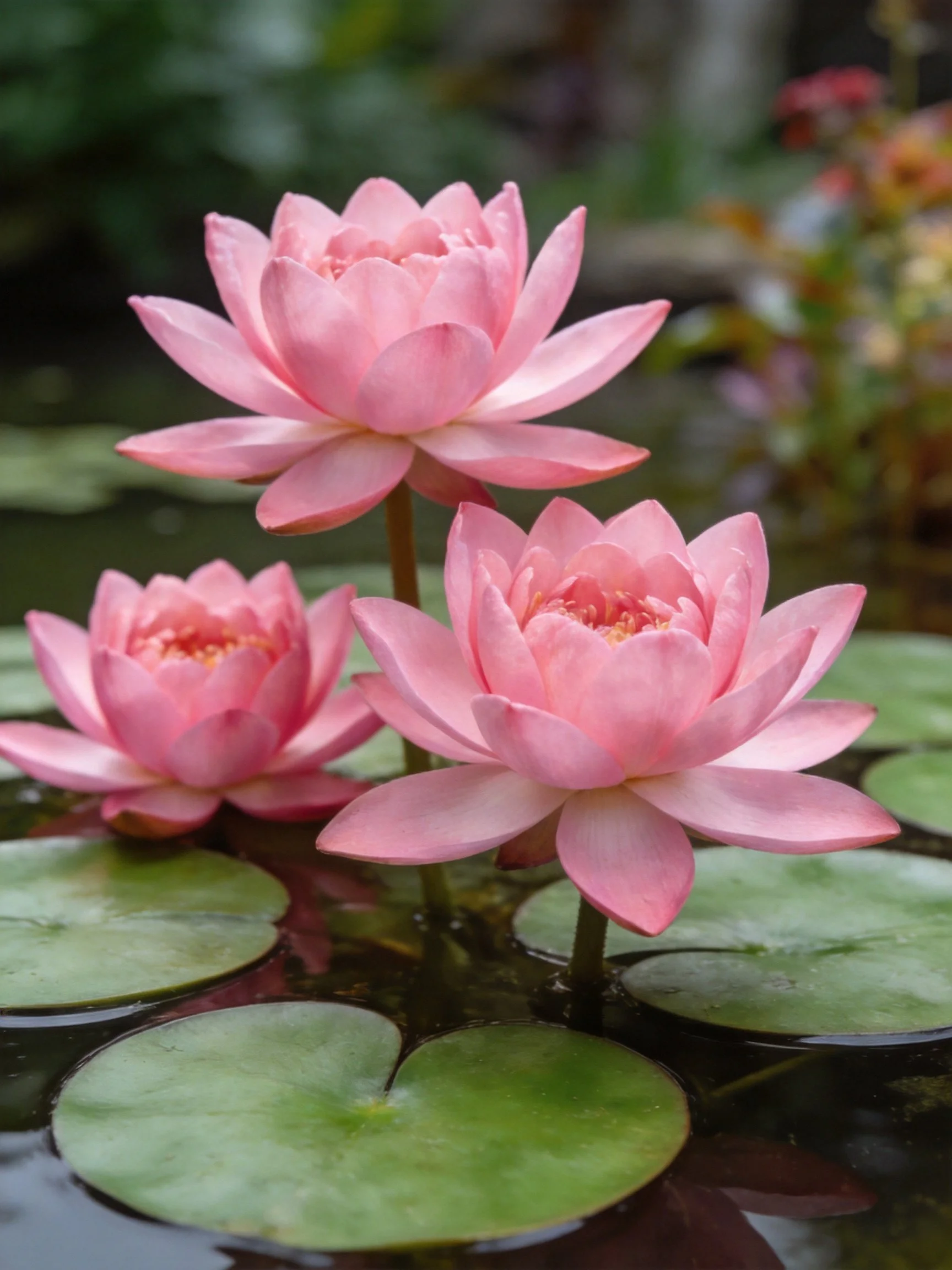 Three pink water lilies bloom among green lily pads in calm water
