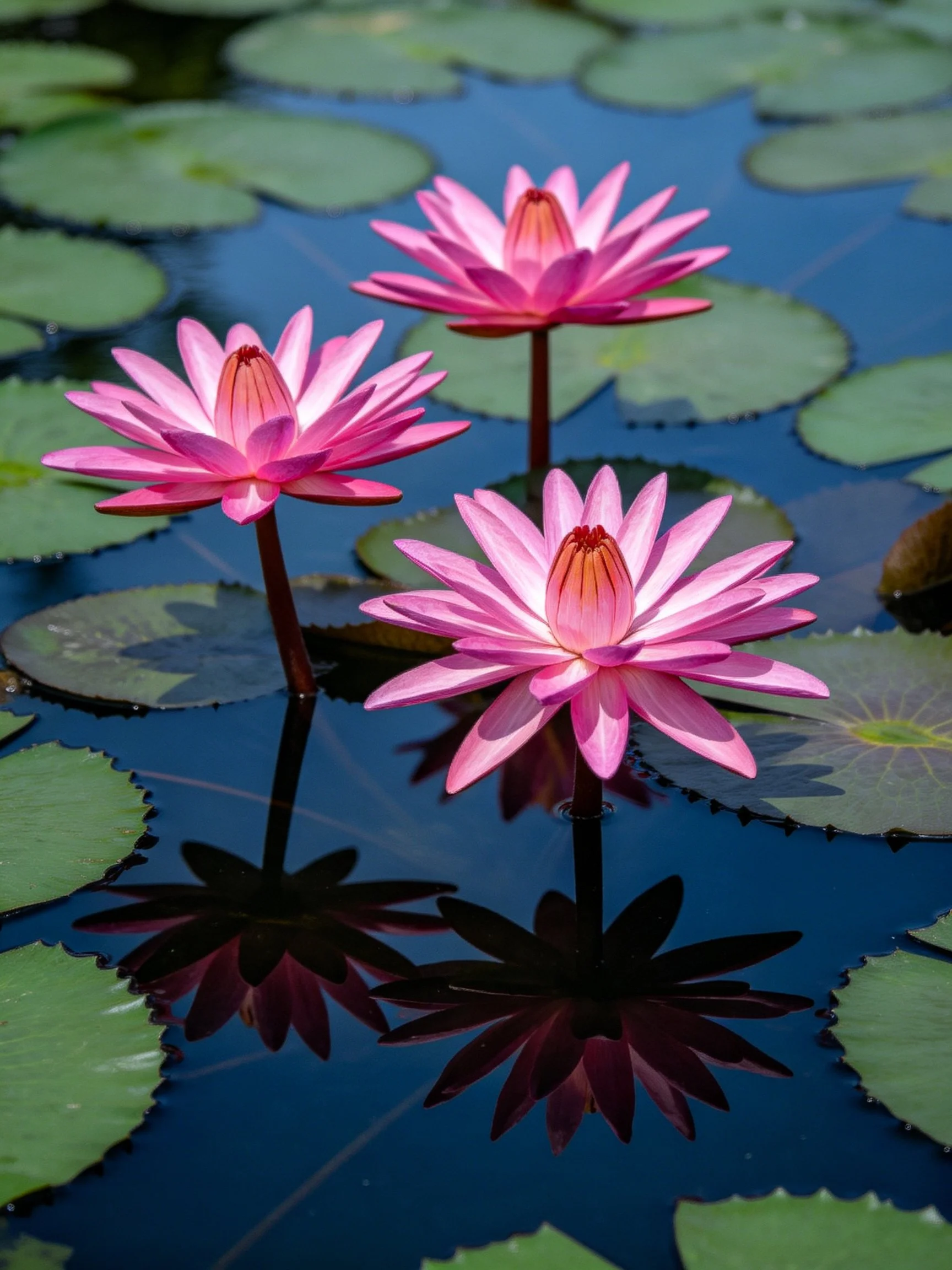 Three pink water lilies float amid green lily pads on still water.