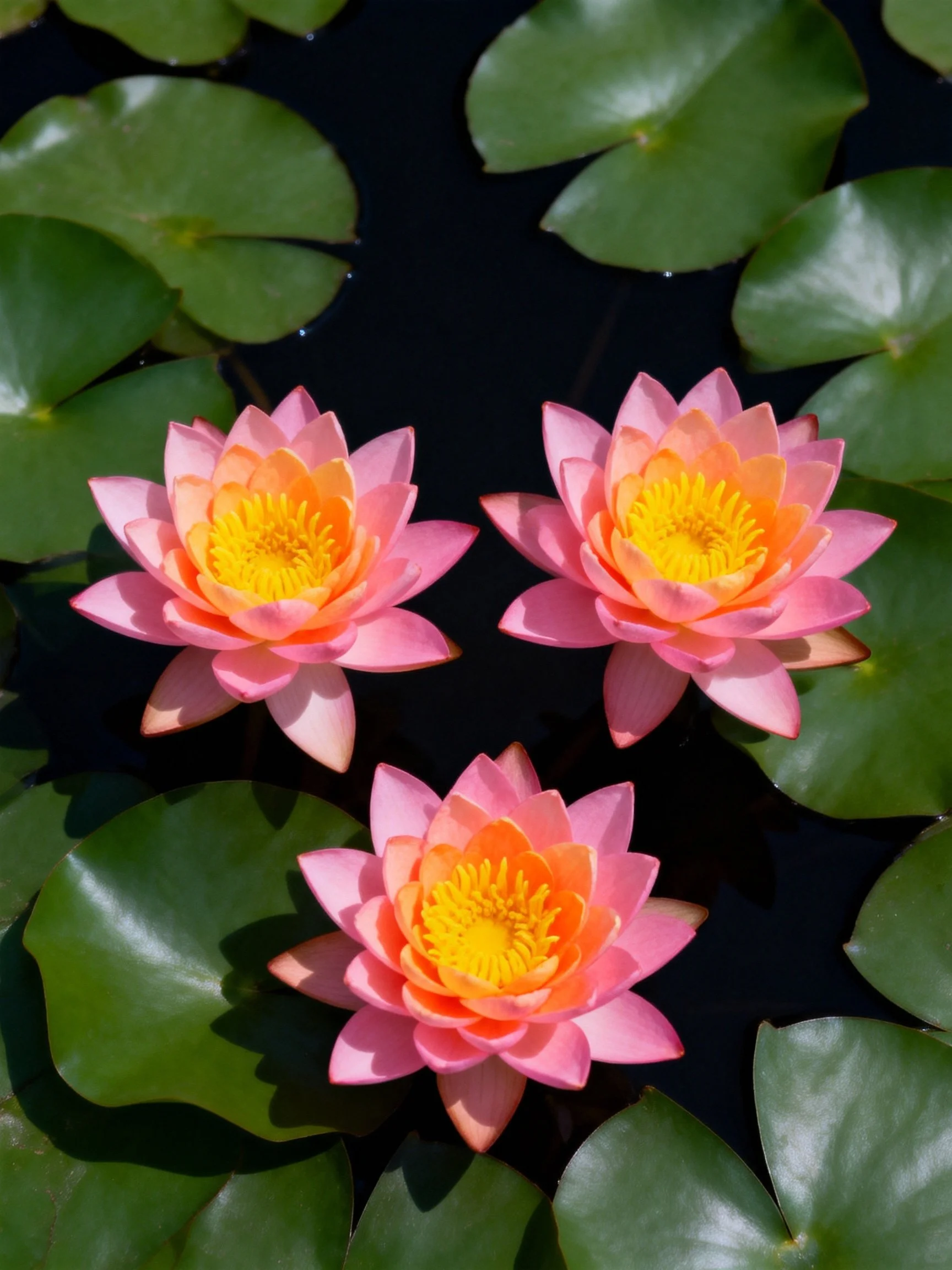 Three pink water lilies with yellow centers float among green lily pads