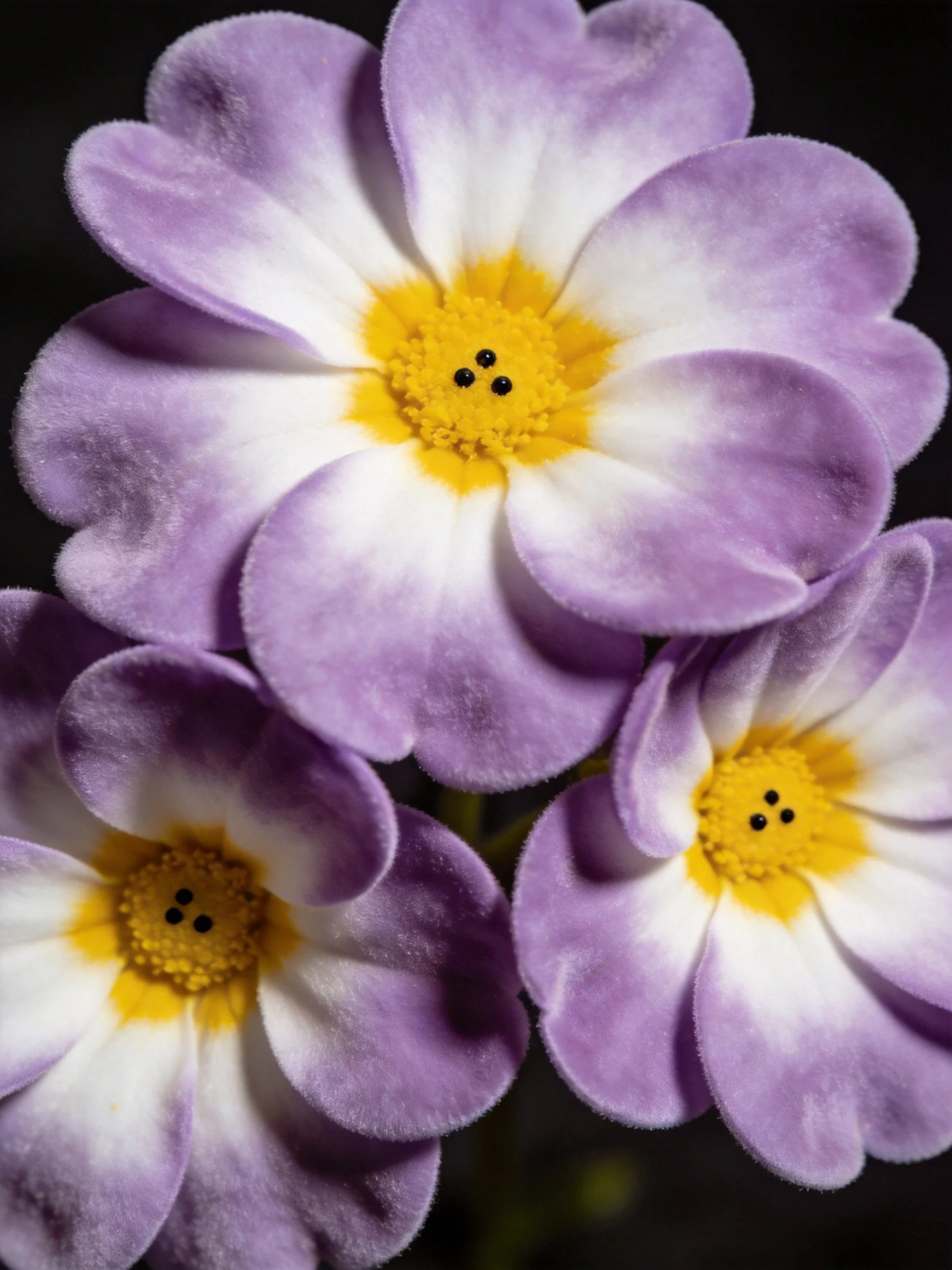 Three purple and white flowers with yellow centers