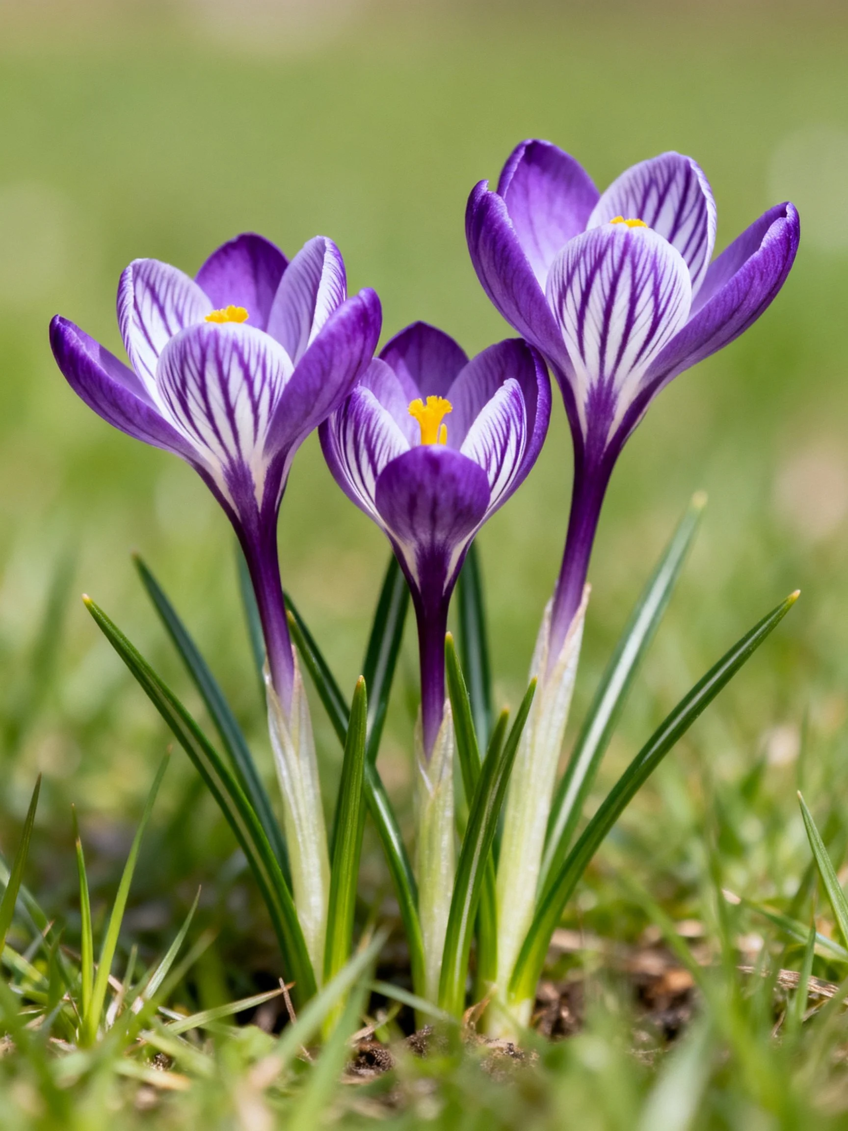 Three purple and white striped crocuses bloom in green grass