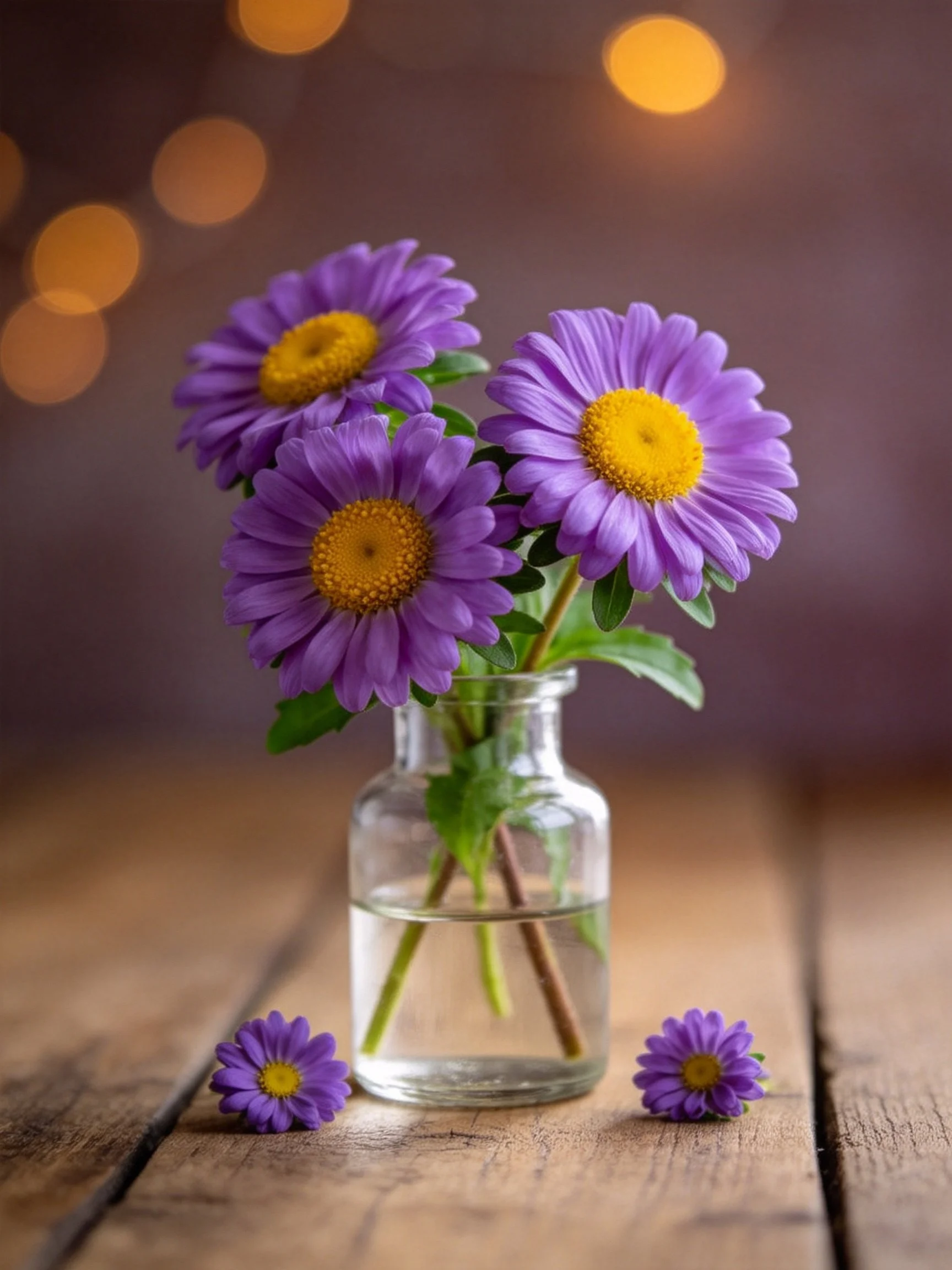 Three purple aster flowers in a small glass jar on a wooden table with two loose blooms