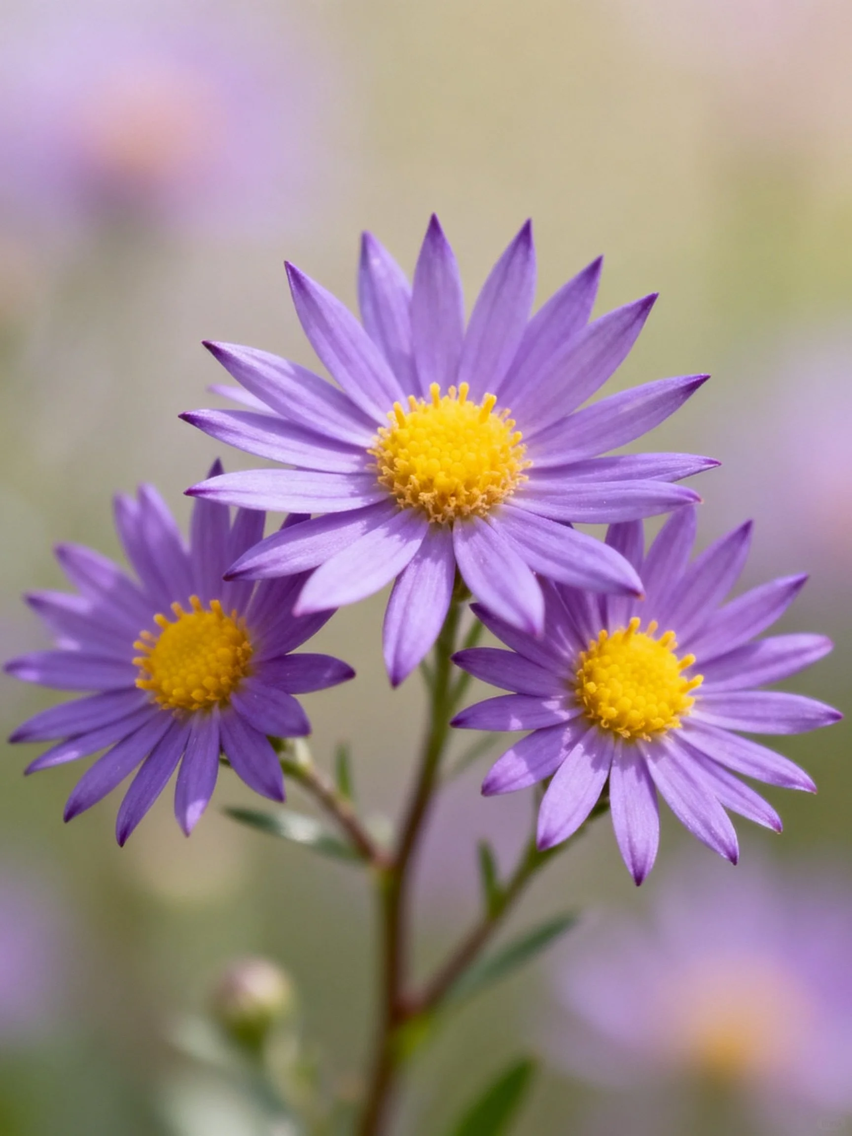 Three purple aster flowers with yellow centers