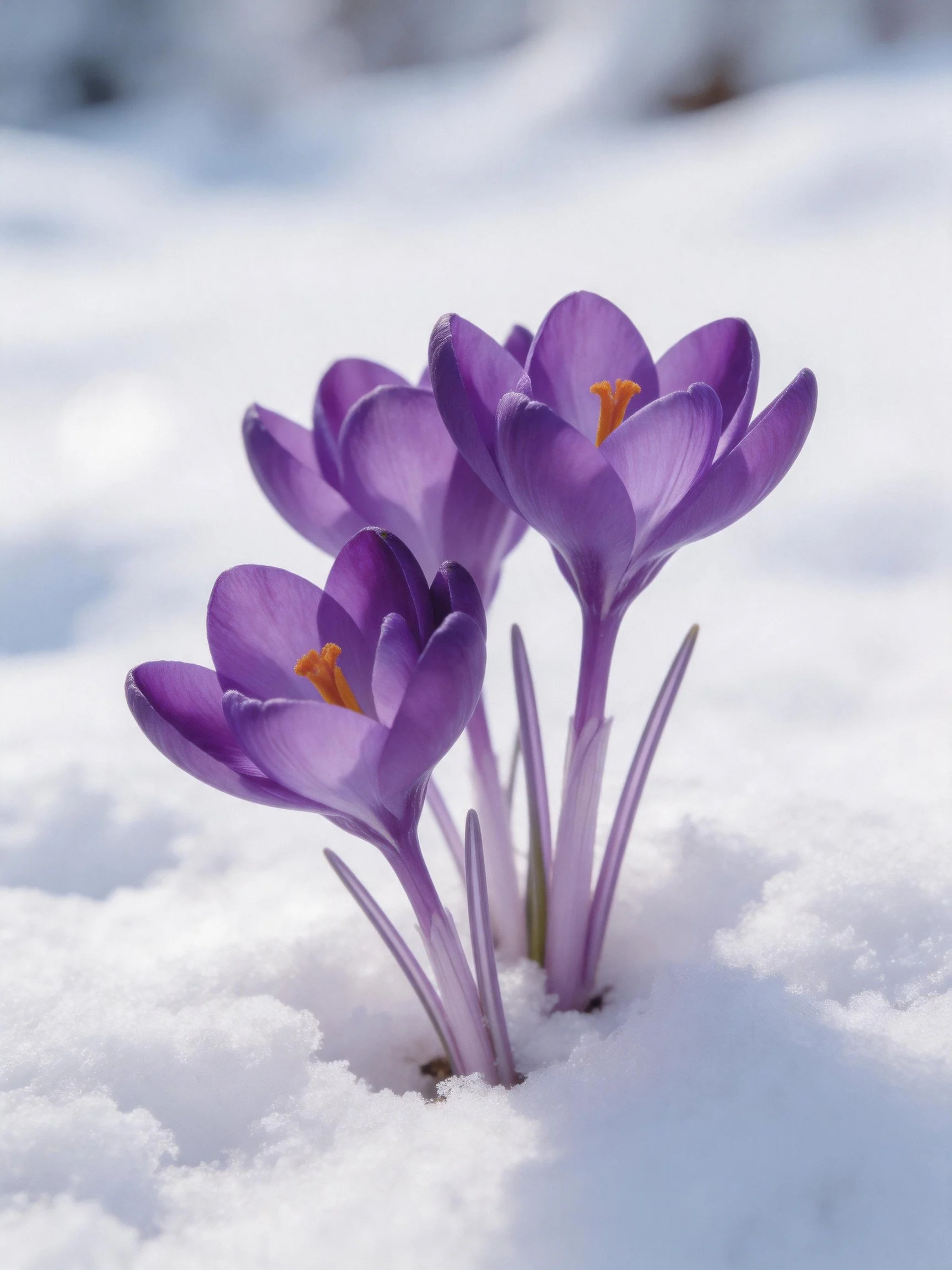 Three purple crocuses emerging from winter snow